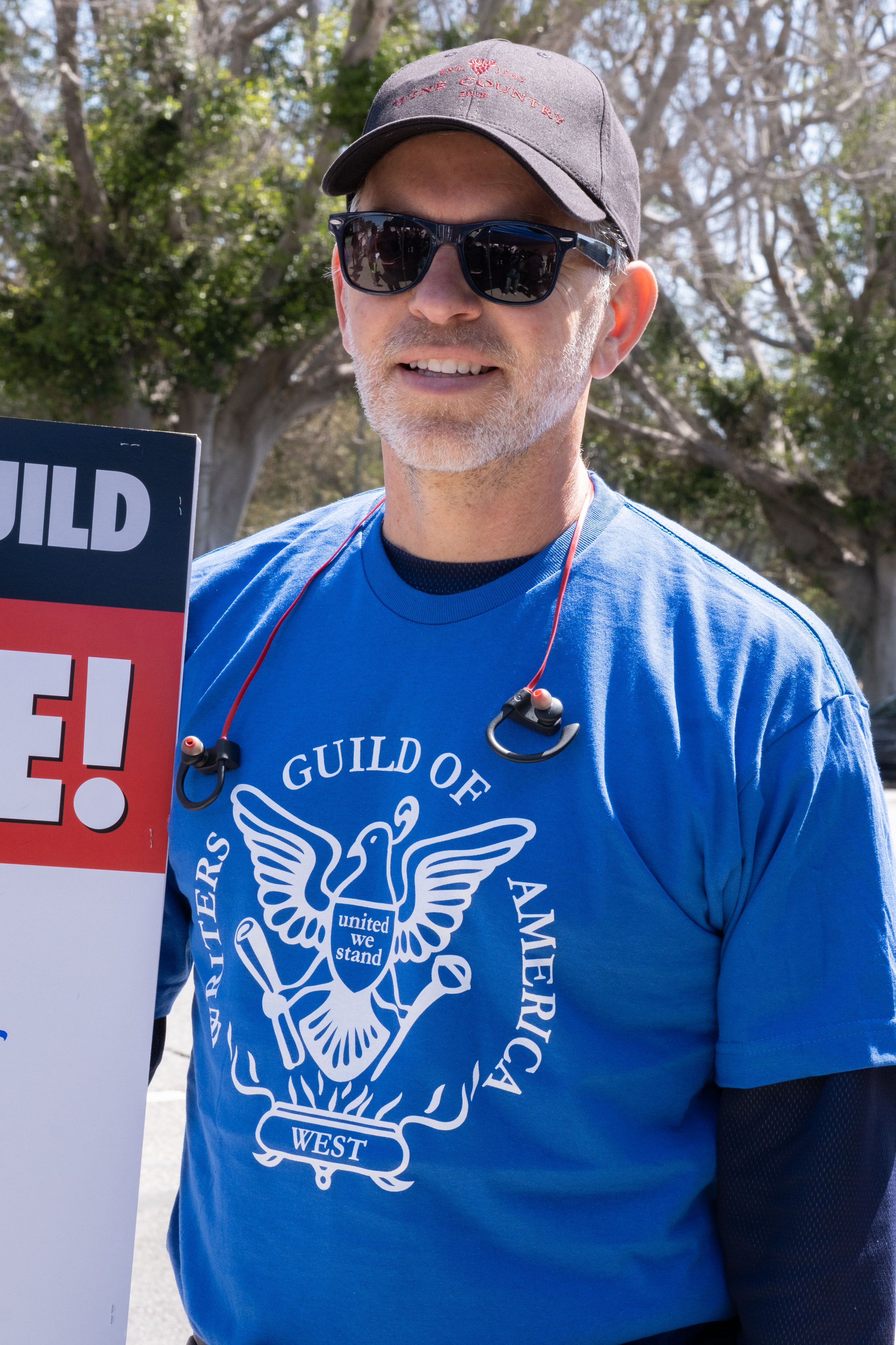  Mark William, set dresser and member of the The International Alliance of Theatrical Stage Employees (IATSE) Local 44, marches on Tuesday, May 2nd, 2023  in solidarity with the Writers Guild of America, in front of Fox Studios on Pico Blvd in Los An