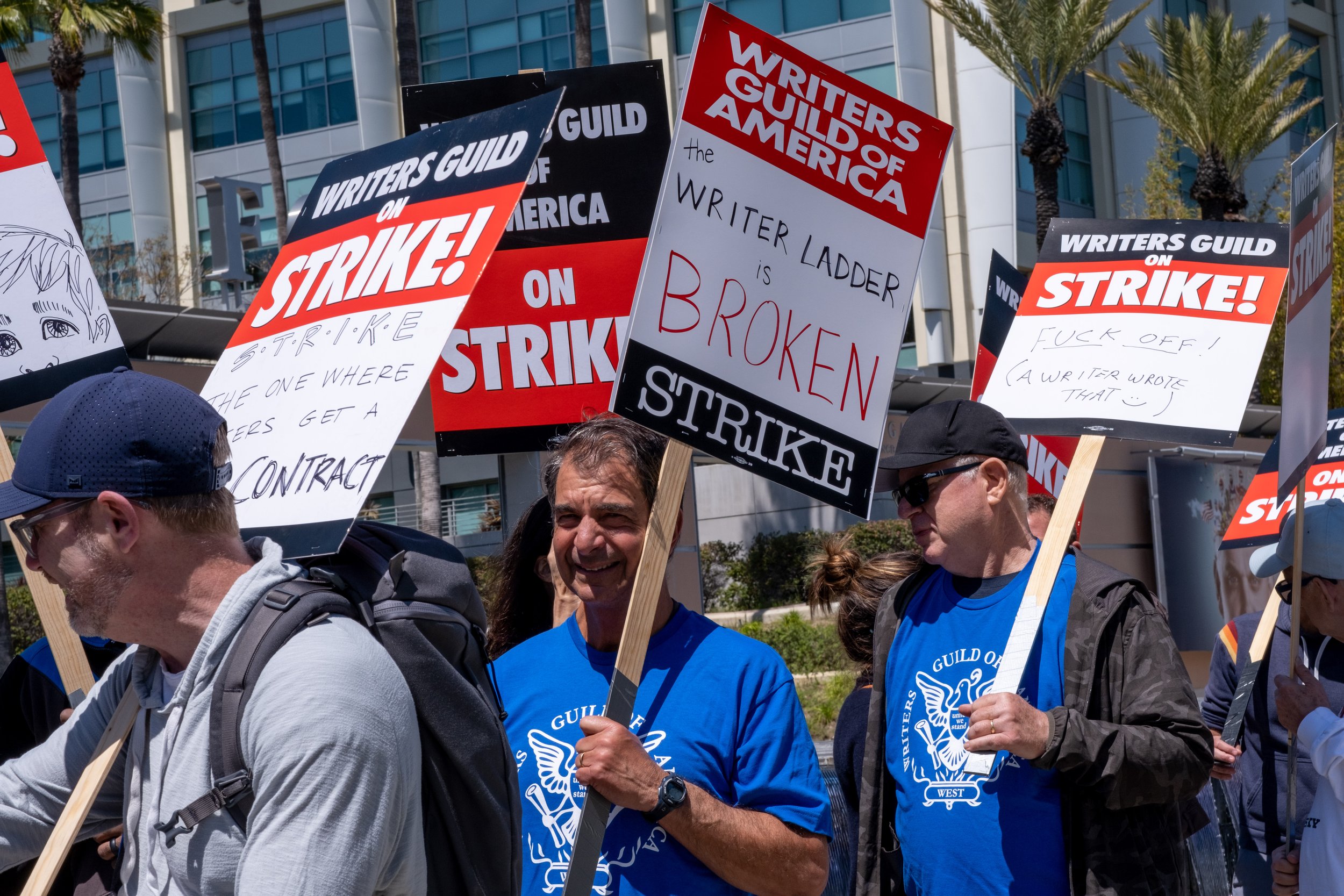  Tuesday May 2nd, 2023 marks the first time the Writers Guild of America (WGA) has gone on strike since 2007. Protesters march in front of Fox Studios on Pico Blvd in Los Angeles, Calif. holding signs and wearing blue t-shirts showing support for the
