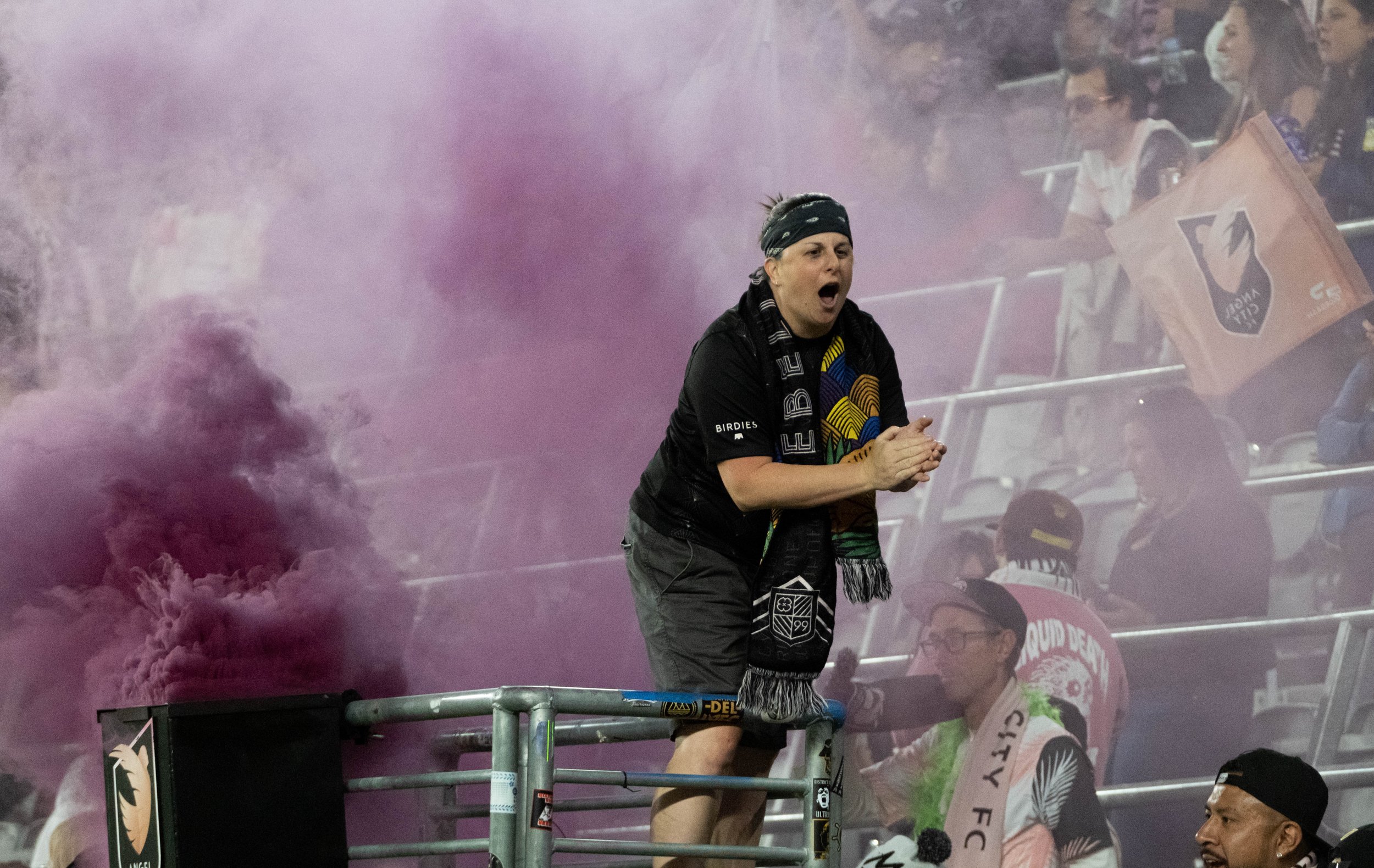  Angel City FC fan hyping up the crowd during the teams first NWSL Challenge Cup match against OL Reign on Wednesday, April 19, 2023 in BMO Stadium at Los Angeles, Calif. (Danilo Perez | The Corsair) 