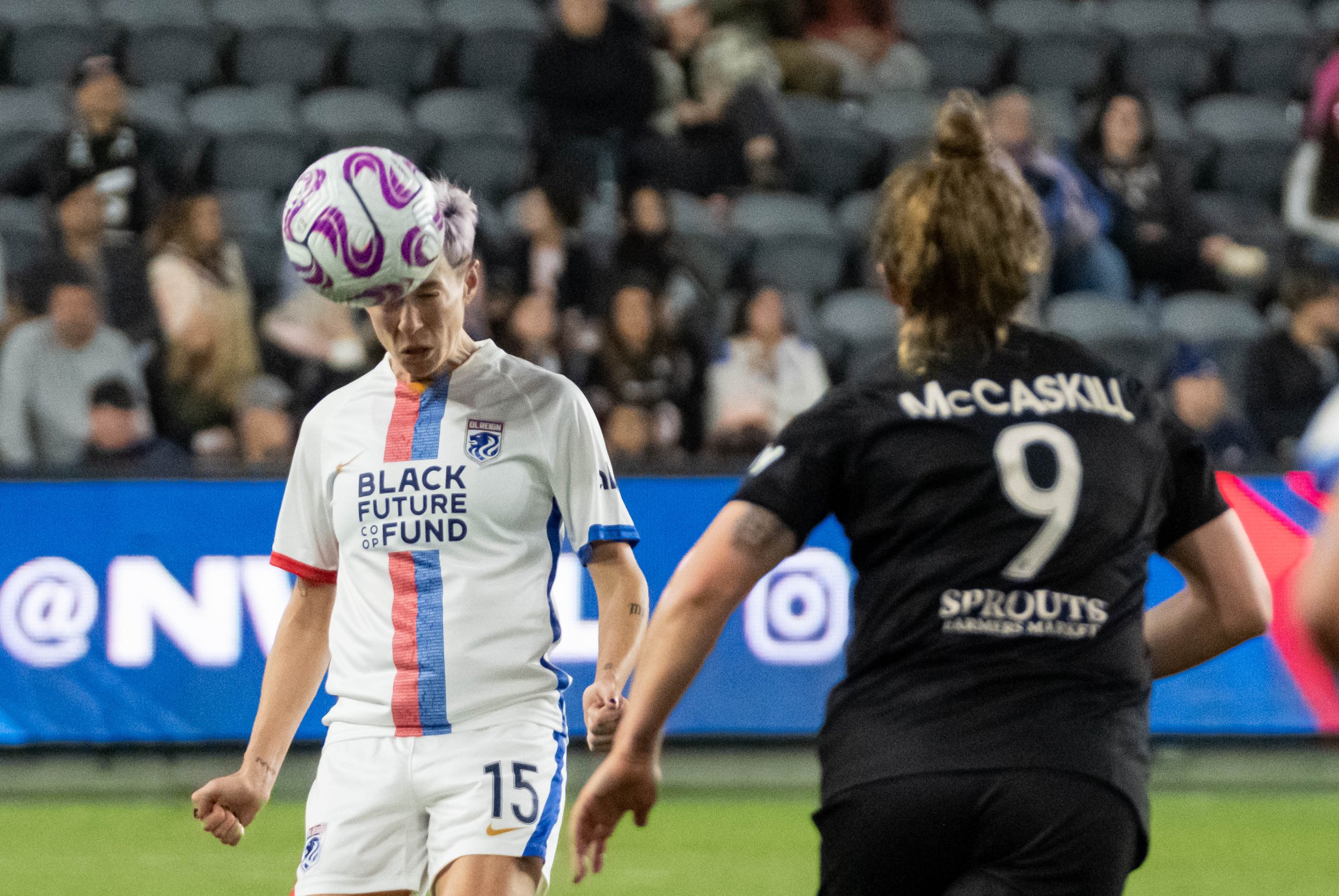 OL Reign forward Megan Rapinoe heading the ball during their match against Angel City FC on Wednesday, April 19, 2023 in BMO Stadium at Los Angeles, Calif. (Danilo Perez | The Corsair) 
