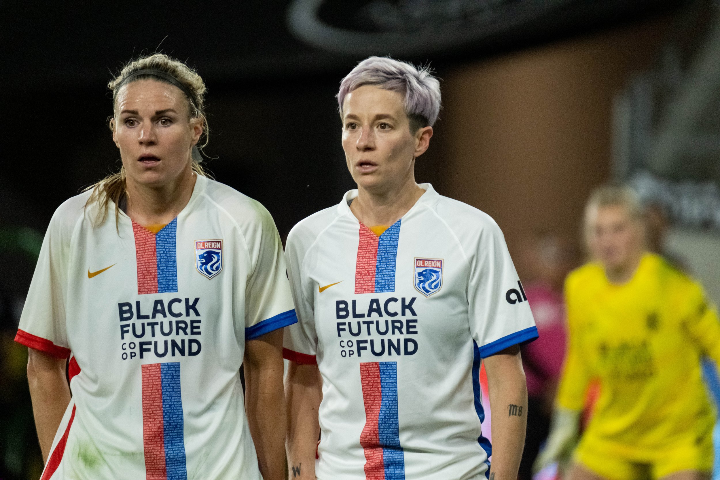  OL Reign forwards Veronica Latsko and Megan Rapinoe awaiting the free-kikc during their match against Angel City FC on Wednesday, April 19, 2023 in BMO Stadium at Los Angeles, Calif. (Danilo Perez | The Corsair) 