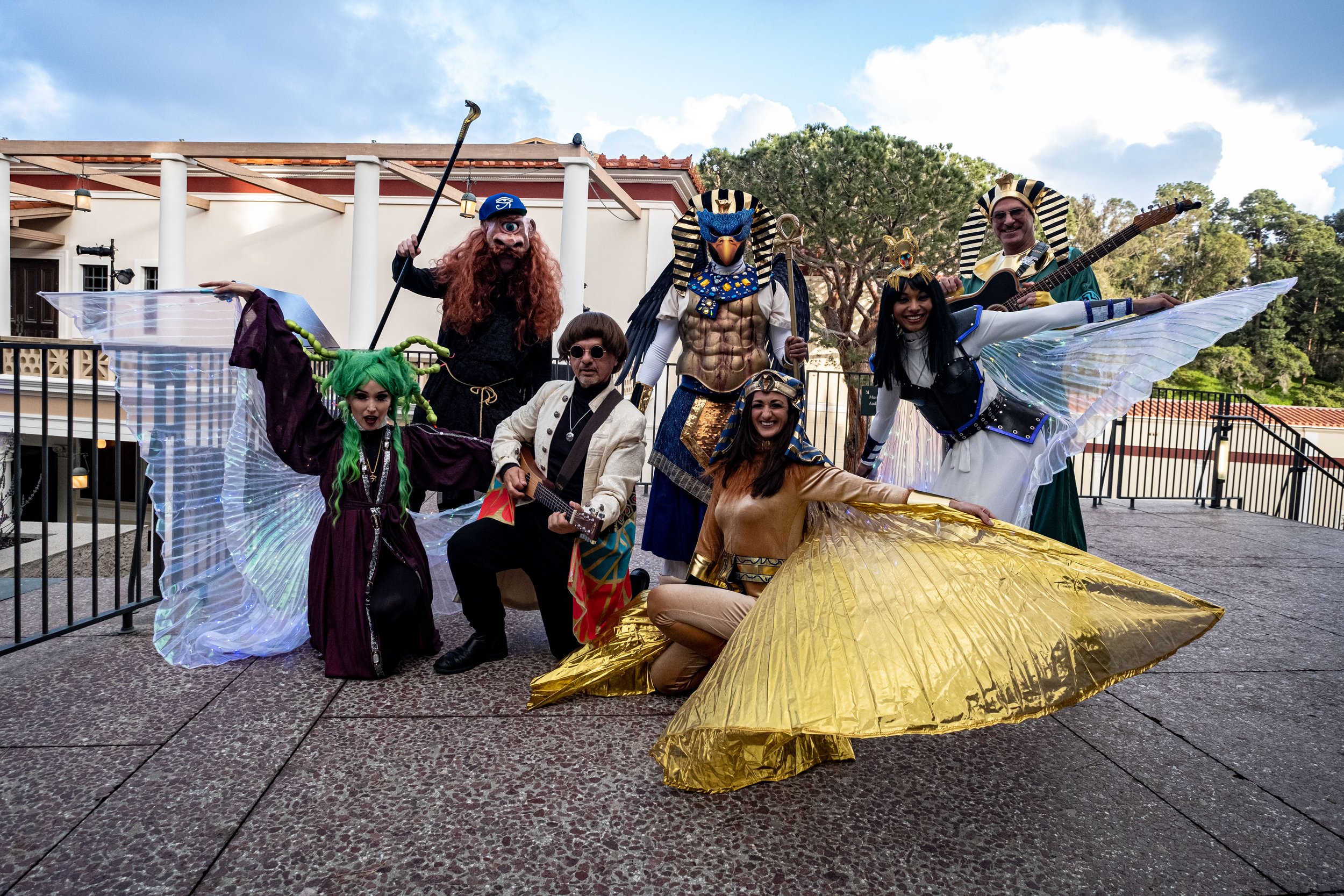  The Troubadour Theater, aka "The Troubies," poses at the Getty Villa Museum in Pacific Palisades, Calif. on Wednesday, March 22, 2023 at College Night. They will be roaming the grounds, dancing and entertaining the guests for the evening. From L to 
