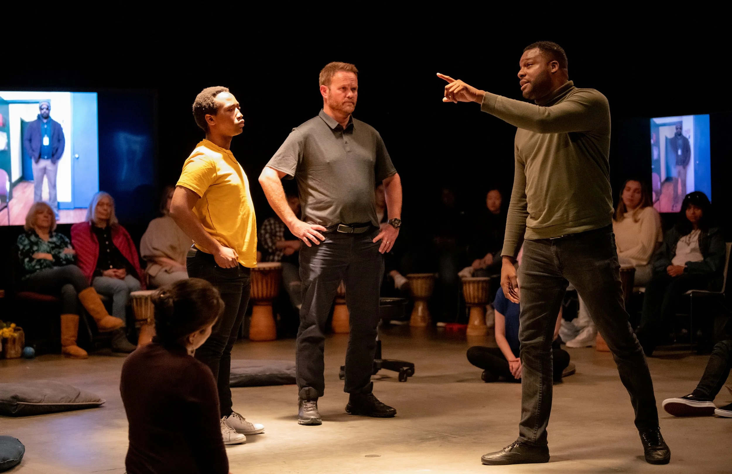  Friday March 31, 2023 from left to right: Thando Skwatsha, Beau Berglund and   Brandon Burrell performing the police stop scene in the production of Race Relay at the Center for Media and Design Santa Monica College, Santa Monica, California. (Photo