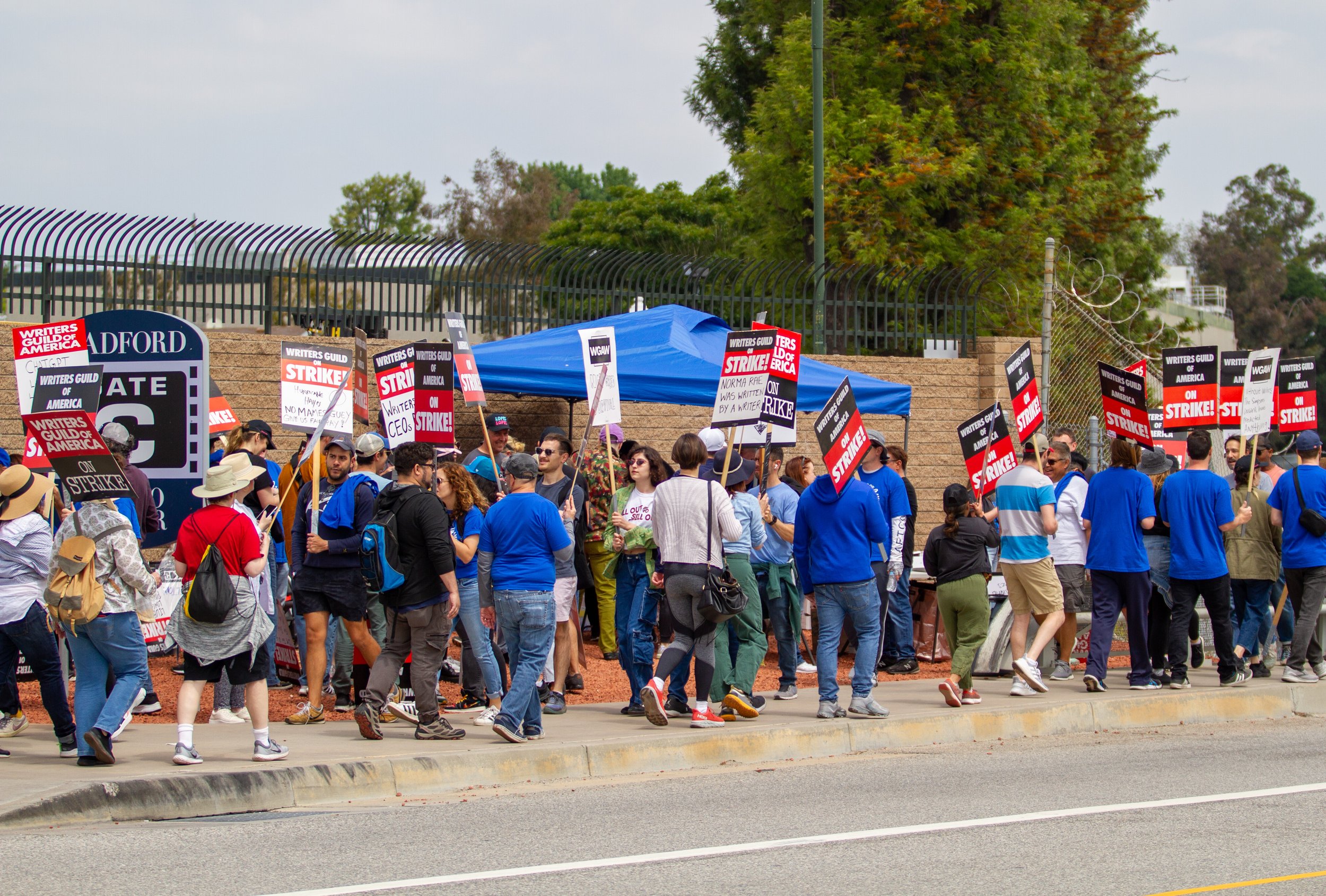  Writers Guild of America members picketing at Radford Studio Center on Thursday, May 11, 2023 in Studio City, Calif. The strike began after failed contract negotiations with the Alliance of Motion Picture and Television Producers. (Baleigh O'Brien |