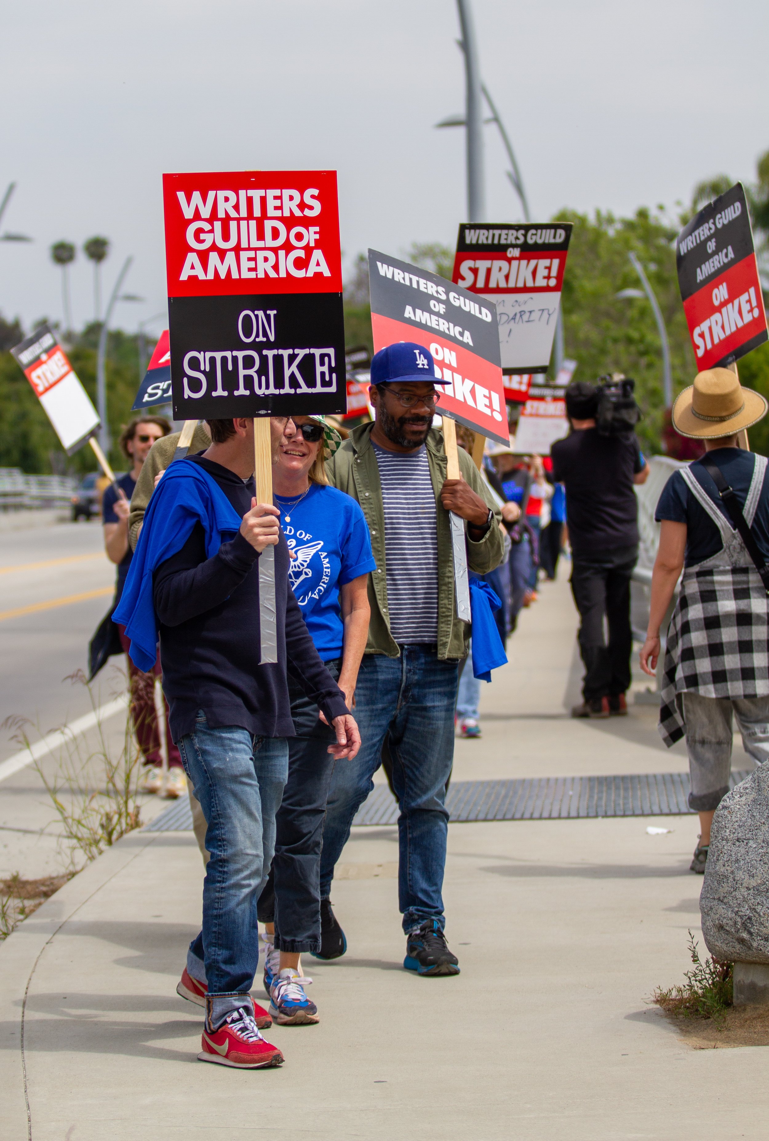  Writers Guild of America members picketing at Radford Studio Center on Thursday, May 11, 2023 in Studio City, Calif. The strike began after failed contract negotiations with the Alliance of Motion Picture and Television Producers. (Baleigh O'Brien |