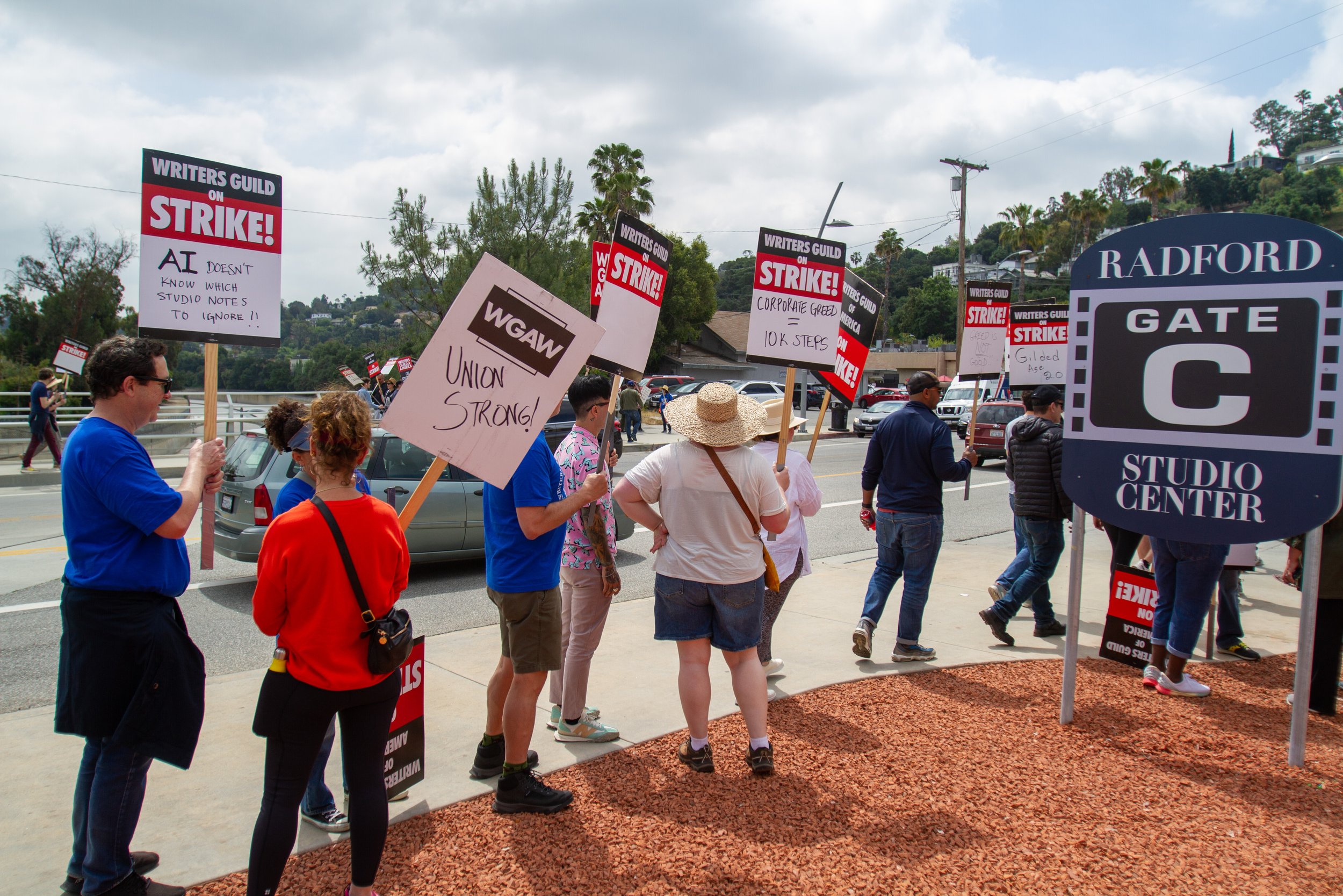  Writers Guild of America members picketing at Radford Studio Center on Thursday, May 11, 2023 in Studio City, Calif. The strike began after failed contract negotiations with the Alliance of Motion Picture and Television Producers. (Baleigh O'Brien |