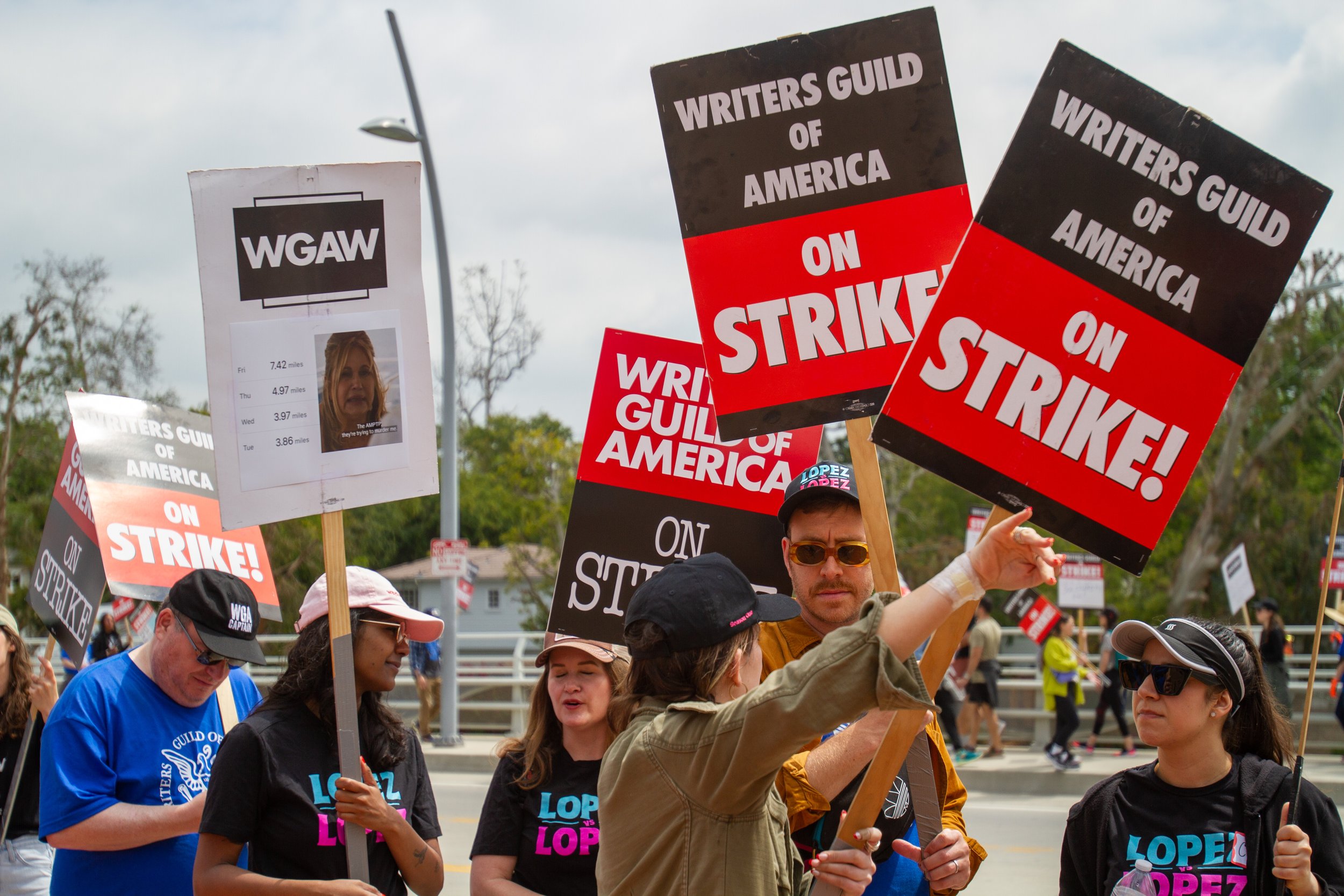  Writers Guild of America members picketing at Radford Studio Center on Thursday, May 11, 2023 in Studio City, Calif. The strike began after failed contract negotiations with the Alliance of Motion Picture and Television Producers. (Baleigh O'Brien |