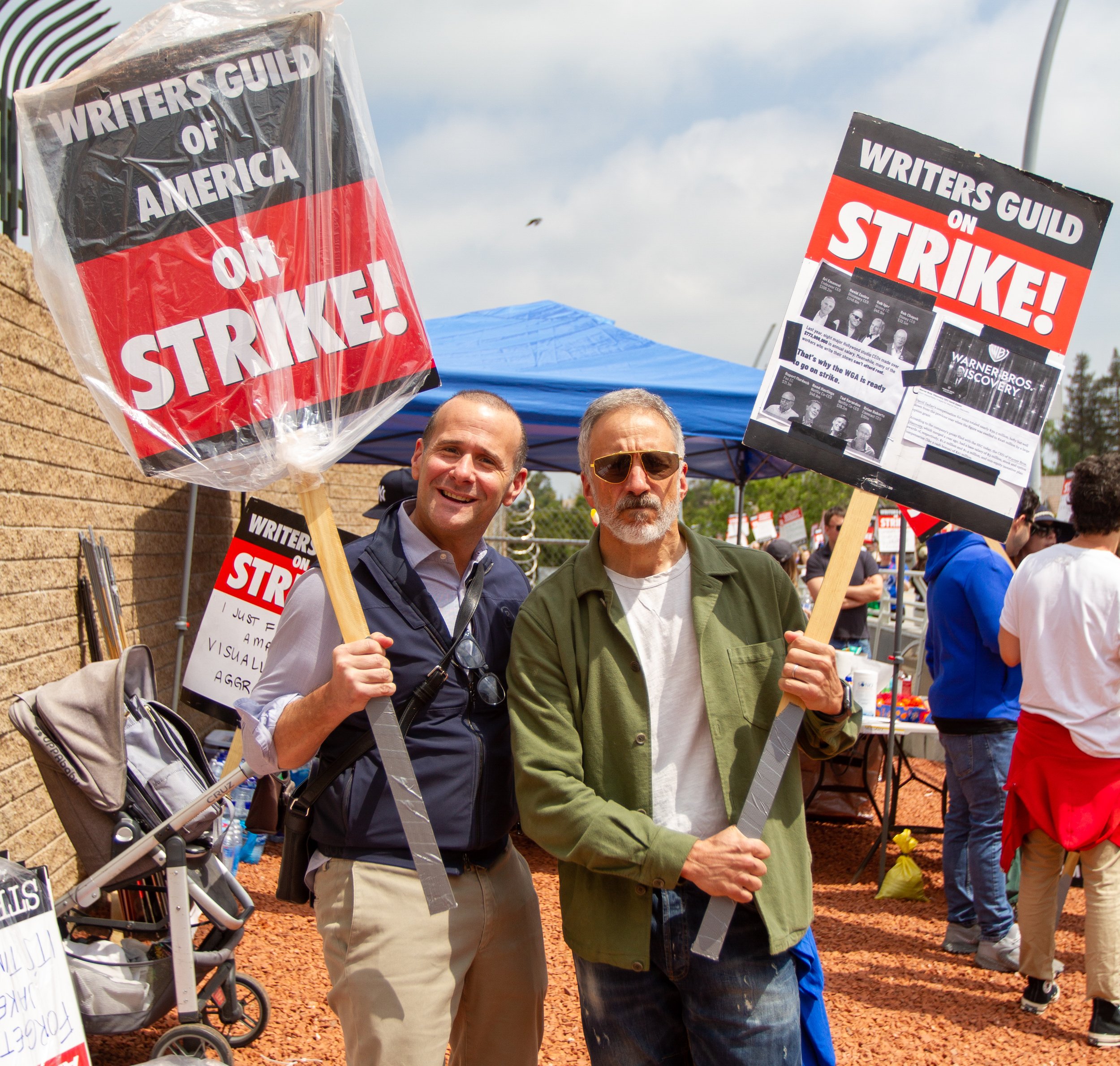  Creators of "Will & Grace" Max Mutchnick and David Kohan on strike at Radford Studio Center on Thursday, May 11, 2023 in Studio City, Calif. The strike began May 2 following failed negotations between the Writers Guild of America and the Alliance of