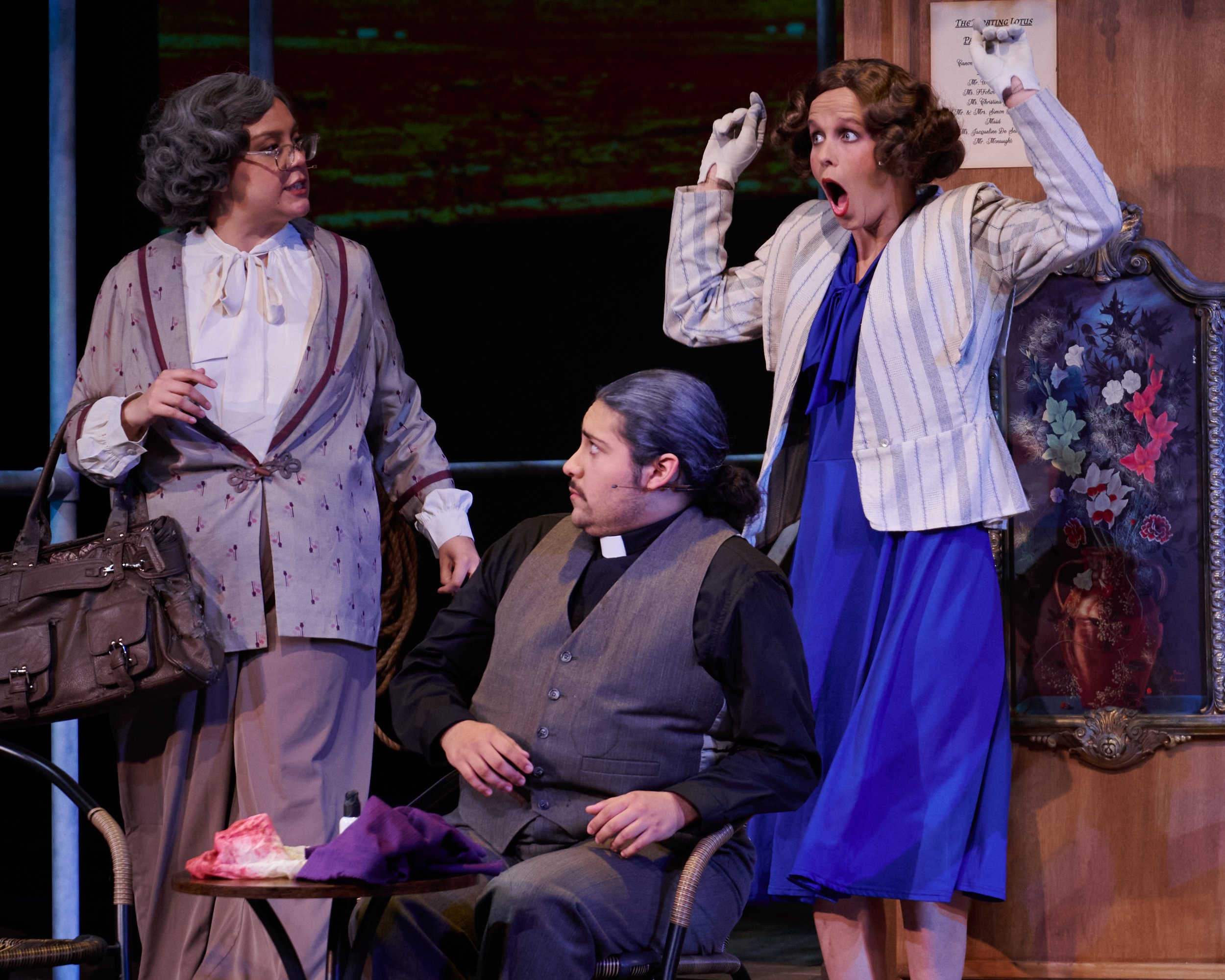  Nathalia Jimenez, AJ Sohrabi (seated), and Megan Winberg during dress rehearsal of the Santa Monica College Theatre Arts Department production of Agatha Christie's "Murder on the Nile" at the SMC Main Stage on Thursday, May 26, 2023, in Santa Monica