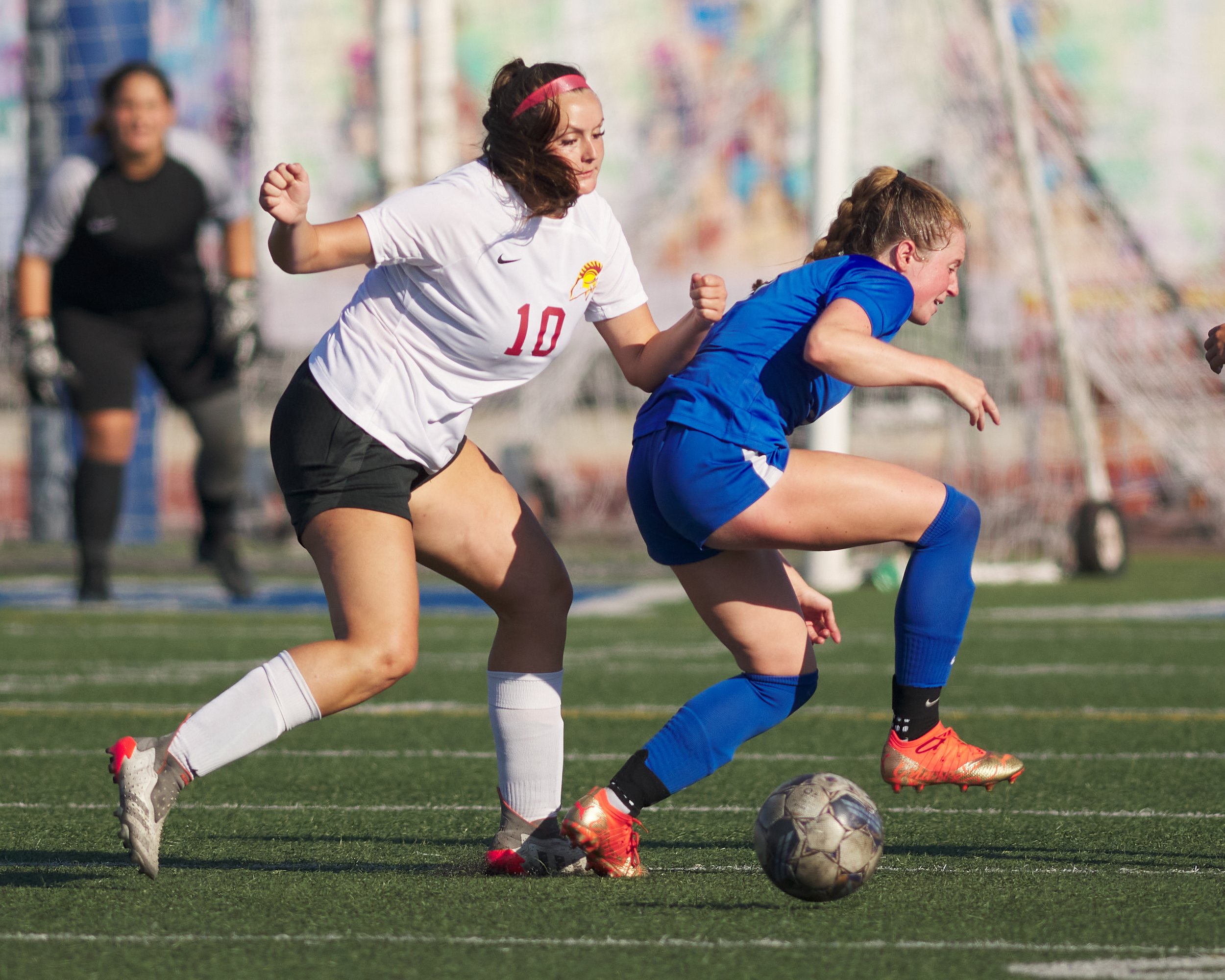  Pasadena City College Lancers' Megan Schmidt shoves Santa Monica College Corsairs' Izzy Turner during the women's soccer match on Friday, Sept. 8, 2023, at Corsair Field in Santa Monica , Calif. The Corsairs tied 0-0. (Nicholas McCall | The Corsair)