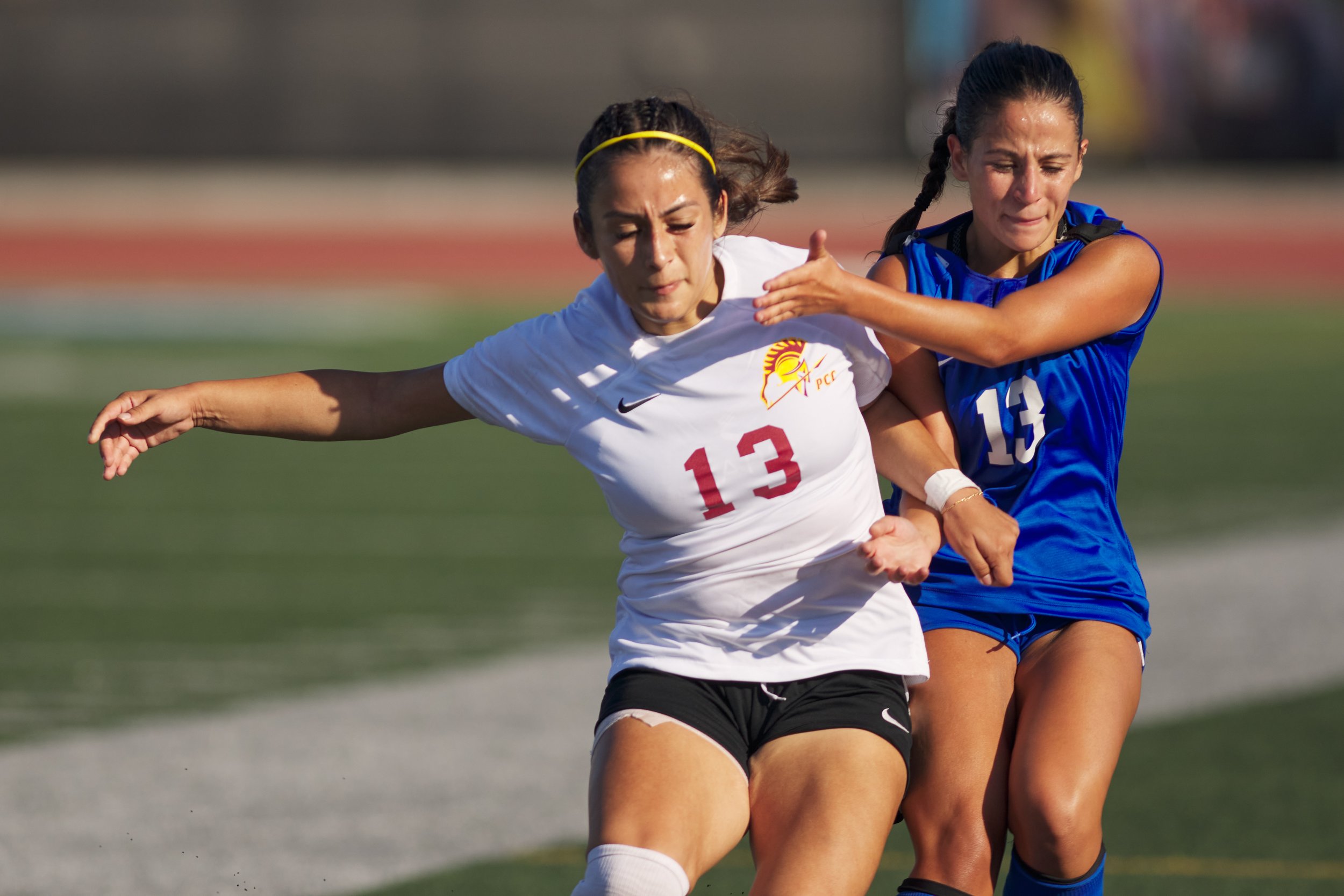  Pasadena City College Lancers' Angely Puga and Santa Monica College Corsairs' Lia Agapitos during the women's soccer match on Friday, Sept. 8, 2023, at Corsair Field in Santa Monica , Calif. The Corsairs tied 0-0. (Nicholas McCall | The Corsair) 