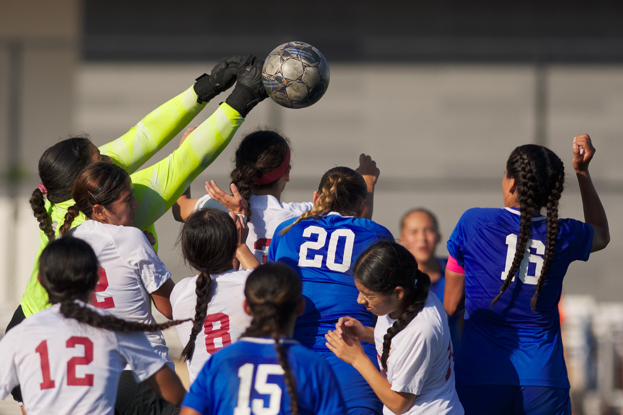  Pasadena City College Lancers' goalie Natalia Portillo (upper left) blocks the ball while other players crowd in front of her during the women's soccer match on Friday, Sept. 8, 2023, at Corsair Field in Santa Monica , Calif. The Corsairs tied 0-0. 