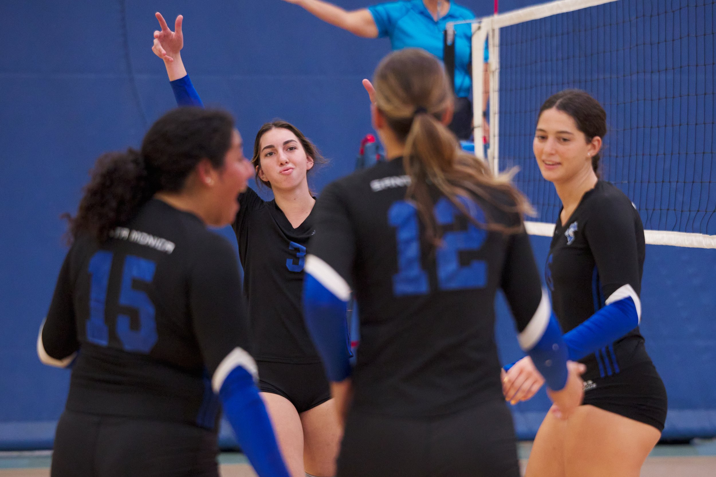  Santa Monica College Corsairs' Madison Schweitzer (3) celebrates scoring a kill against the Cuyamaca College Coyotes during the women's volleyball match on Wednesday, Sept. 6, 2023, at the SMC Gym in Santa Monica, Calif. The Corsairs won 3-0. (Nicho