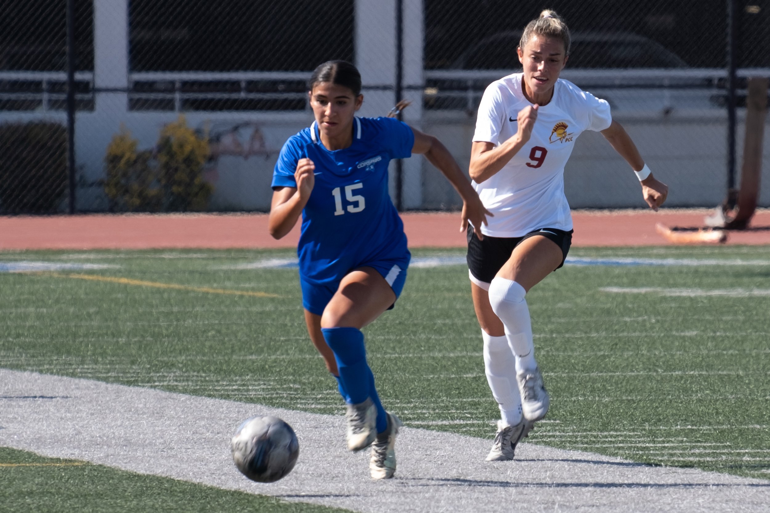  Forward Alinna Savaterre, Santa Monica College freshman, goes after the ball in the fourth game of the season, played against Pasadena City College at the Corsair Field in Santa Monica, Calif. on Friday, Sept. 6th, 2023. (Akemi Rico | The Corsair) 