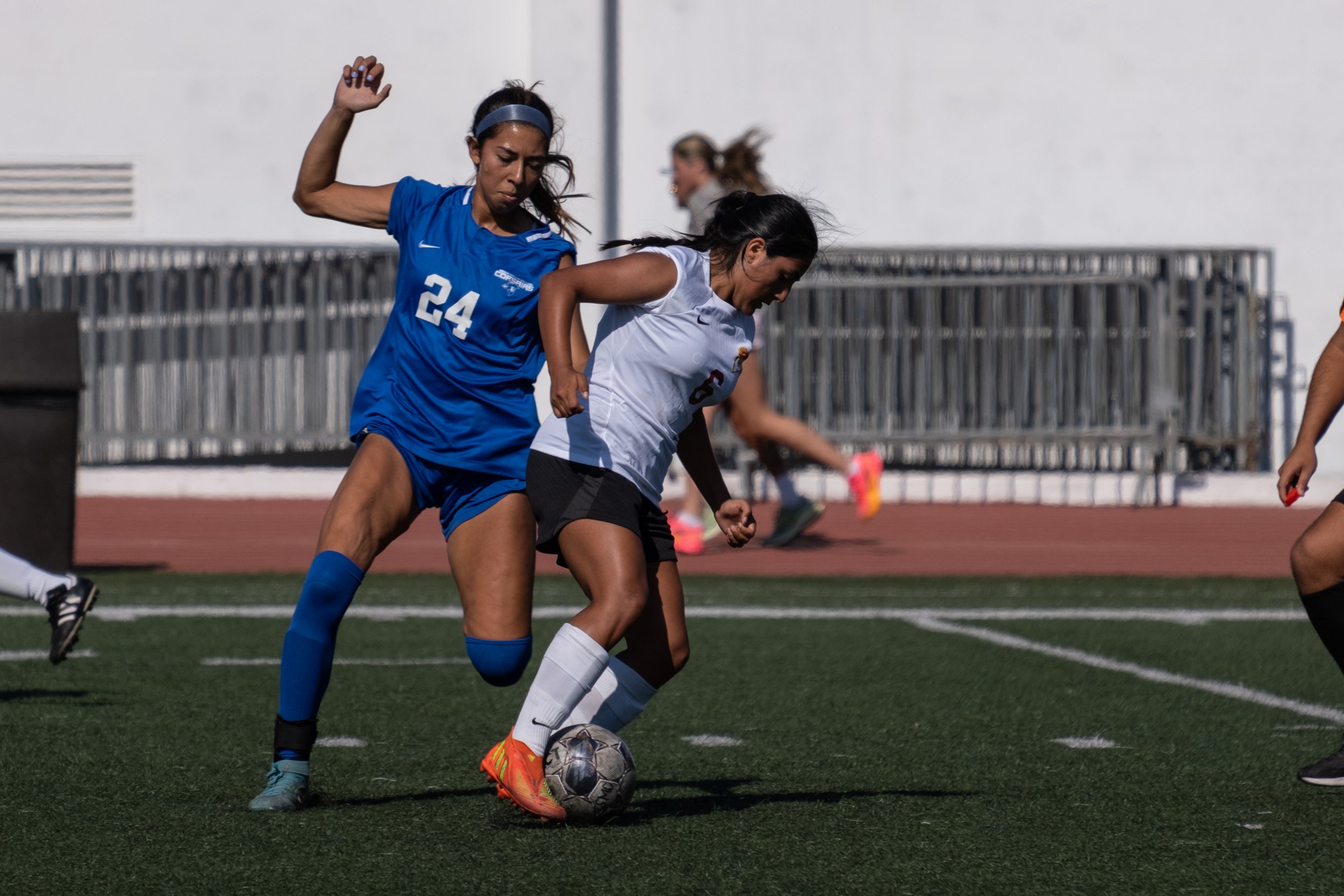  Central Midfielder Andrea Ortiz, Santa Monica College sophomore, attempts to steal the ball in the fourth game of the season, played against Pasadena City College at the Corsair Field in Santa Monica, Calif. on Friday, Sept. 6th, 2023. (Akemi Rico |