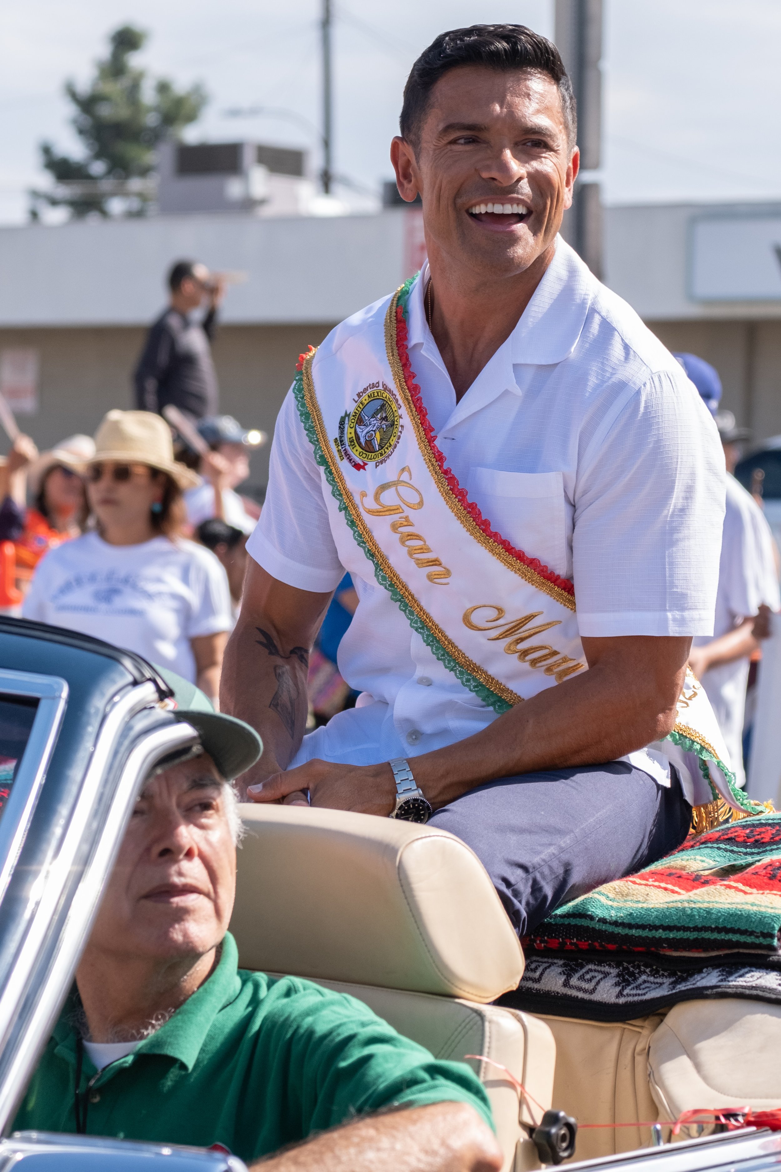  The Grand Marshal of the annual East Los Angeles Mexican Independence Day Parade is Mark Consuelos, actor, producer and "Live with Kelly and Mark" co-host; seen here riding on the parade route on Sunday, Sept. 10th, 2023, on Cesar Chavez Blvd. in Ea