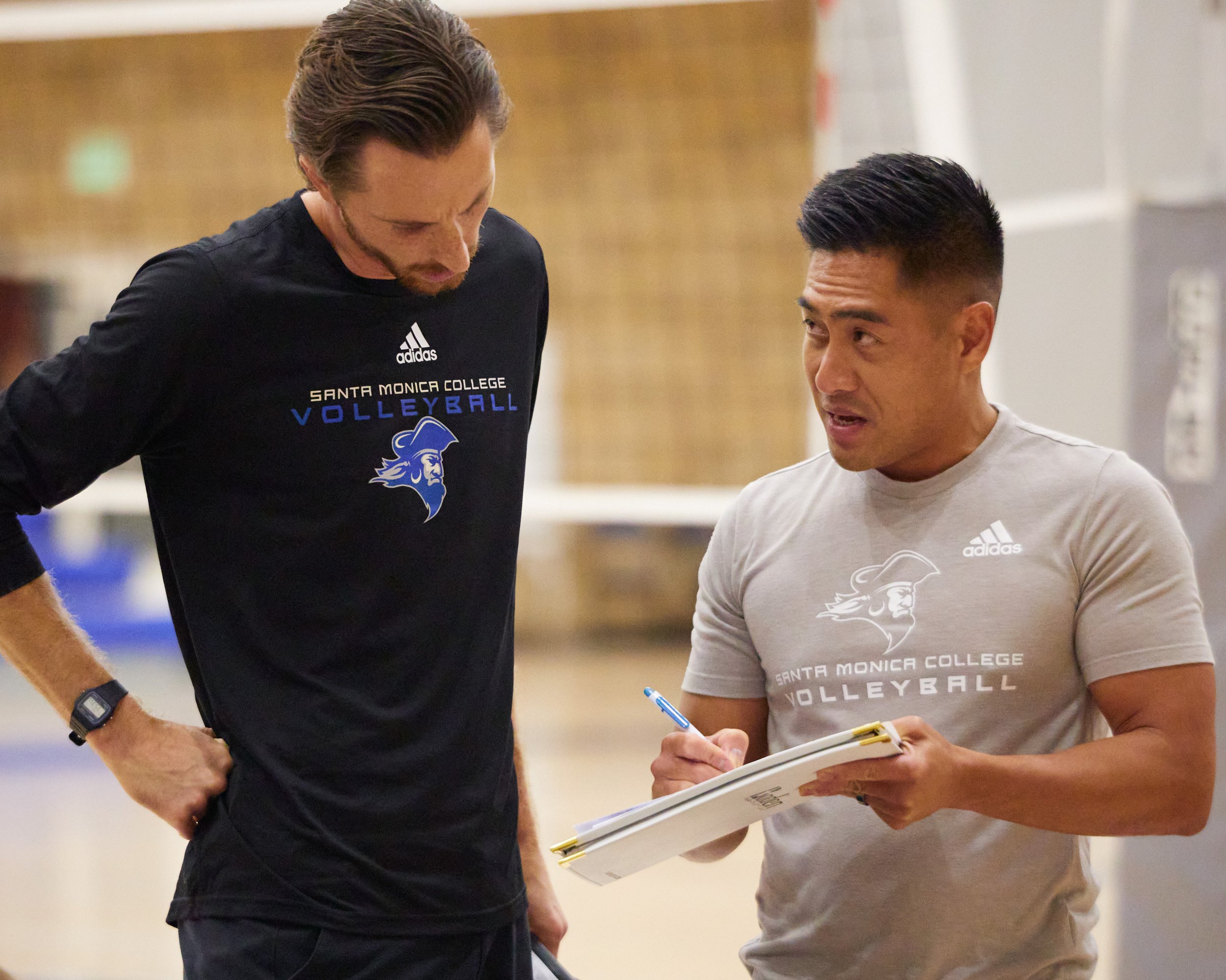  Santa Monica College Corsairs' Women's Volleyball Head Coach Christian Cammayo (right) and Assistant Coach Chris Chown (left) during the match against the Los Angeles Mission College Eagles on Wednesday, Sept. 13, 2023, at the Health Fitness & Athle