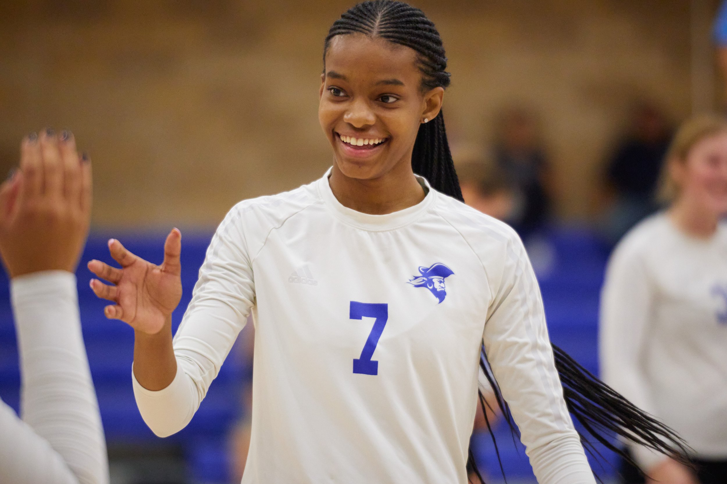  Santa Monica College Corsairs' Zarha Stanton during the women's volleyball match against the Los Angeles Mission College Eagles on Wednesday, Sept. 13, 2023, at the Health Fitness & Athletics Complex in Sylmar, CA. The Corsairs won 3-1. (Nicholas Mc