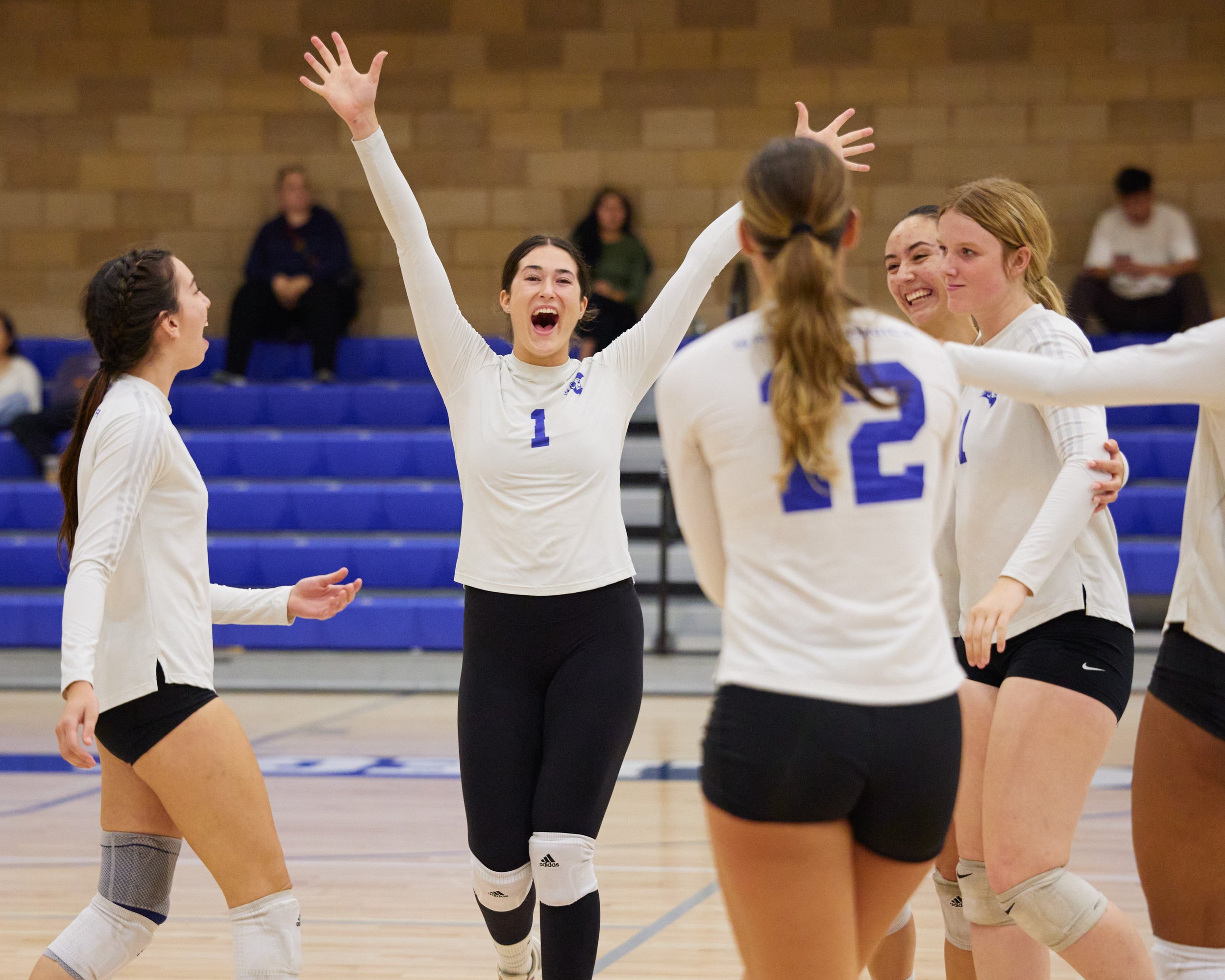  Santa Monica College Corsairs' Maiella Riva (center) and teammates celebrate their 3-1 win at the end of the women's volleyball match against the Los Angeles Mission College Eagles on Wednesday, Sept. 13, 2023, at the Health Fitness & Athletics Comp