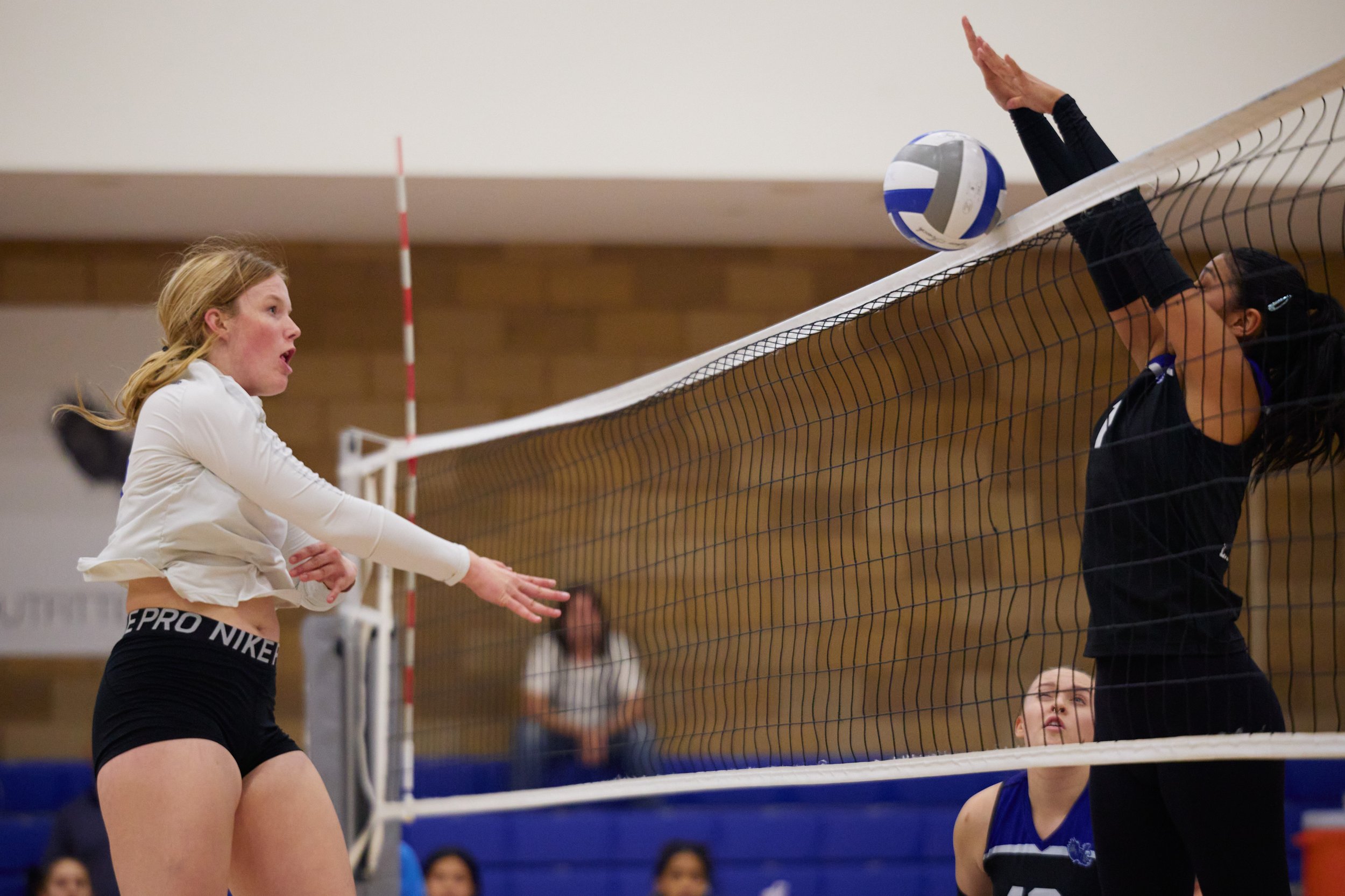  Los Angeles Mission College Eagles' Temple Vasquez (right) blocks an attack from Santa Monica College Corsairs' Mylah Niksa (left) during the women's volleyball match on Wednesday, Sept. 13, 2023, at the Health Fitness & Athletics Complex in Sylmar,
