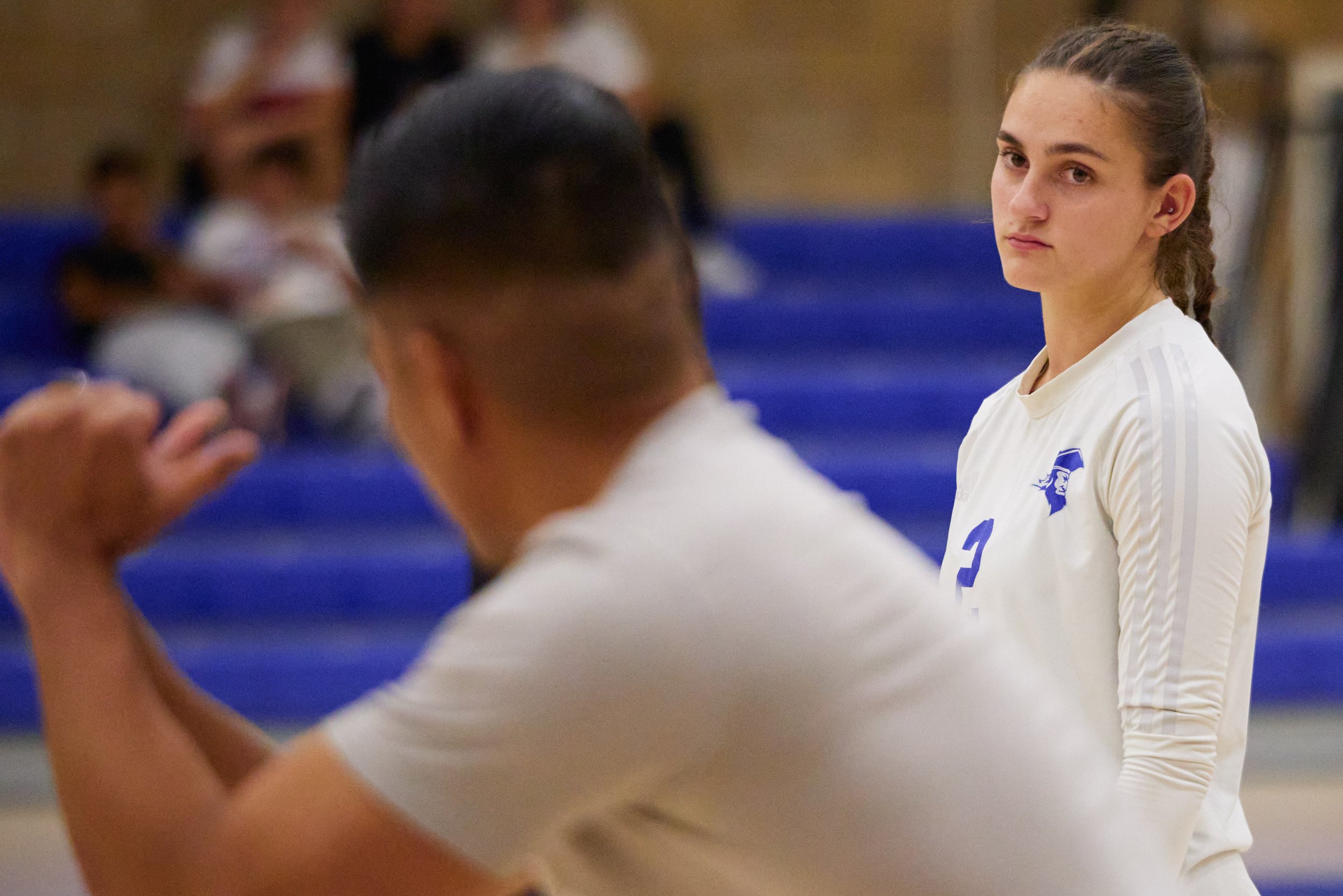  Santa Monica College Corsairs' Prior Brock (right) listens to Head Coach Christian Cammayo (left) during the women's volleyball match against the Los Angeles Mission College Eagles on Wednesday, Sept. 13, 2023, at the Health Fitness & Athletics Comp