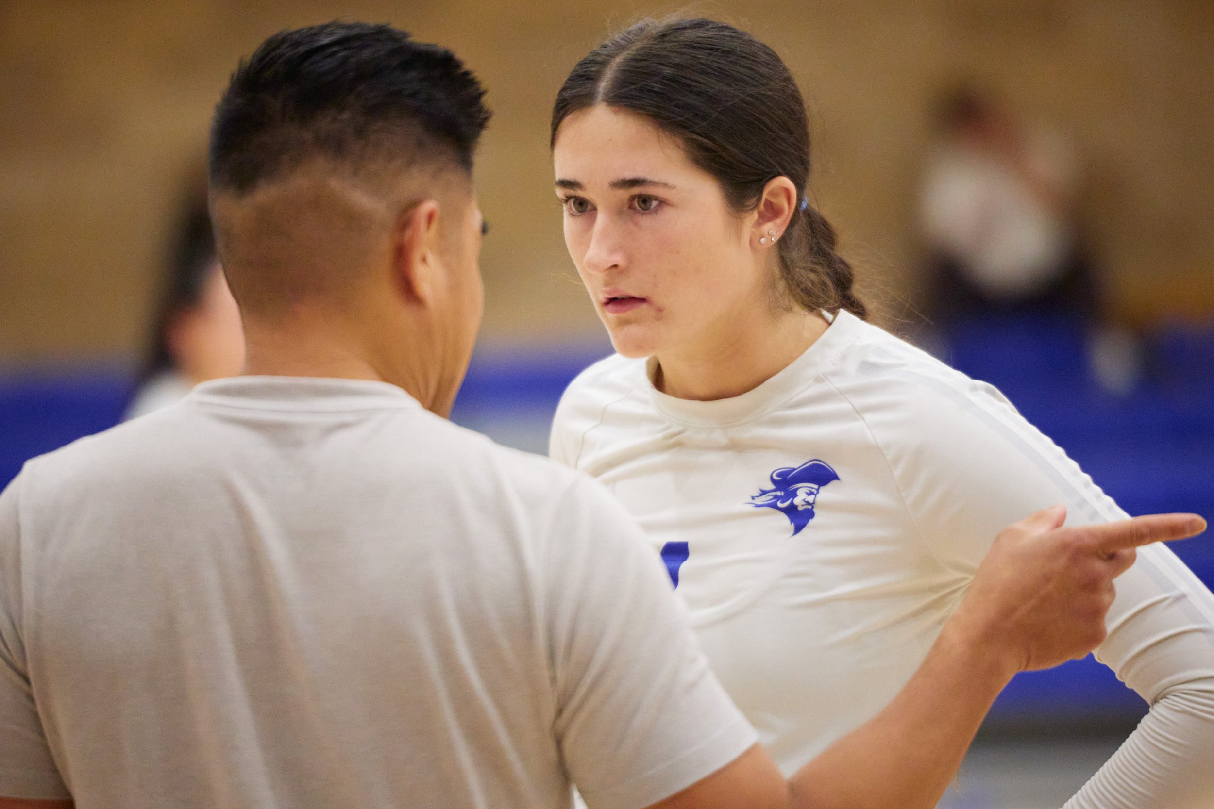  Santa Monica College Corsairs' Women's Volleyball Head Coach Christian Cammayo and Maiella Riva during the match against the Los Angeles Mission College Eagles on Wednesday, Sept. 13, 2023, at the Health Fitness & Athletics Complex in Sylmar, CA. Th