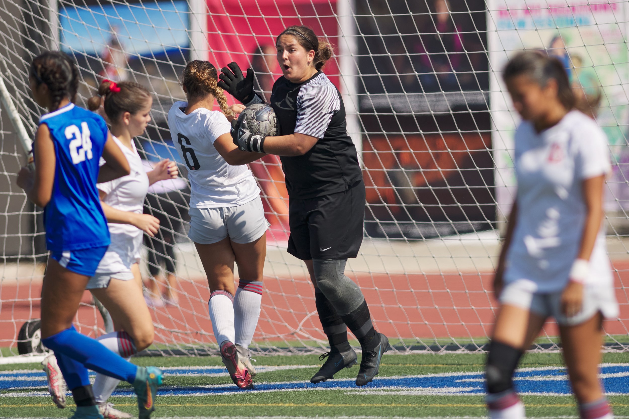 Santa Monica College Corsairs' Giorgia Sterza protects the goal during the women's soccer match against the Long Beach City College Vikings on Friday, Sept. 15, 2023, at Corsair Field in Santa Monica, Calif. The Corsairs tied 0-0. (Nicholas McCall |