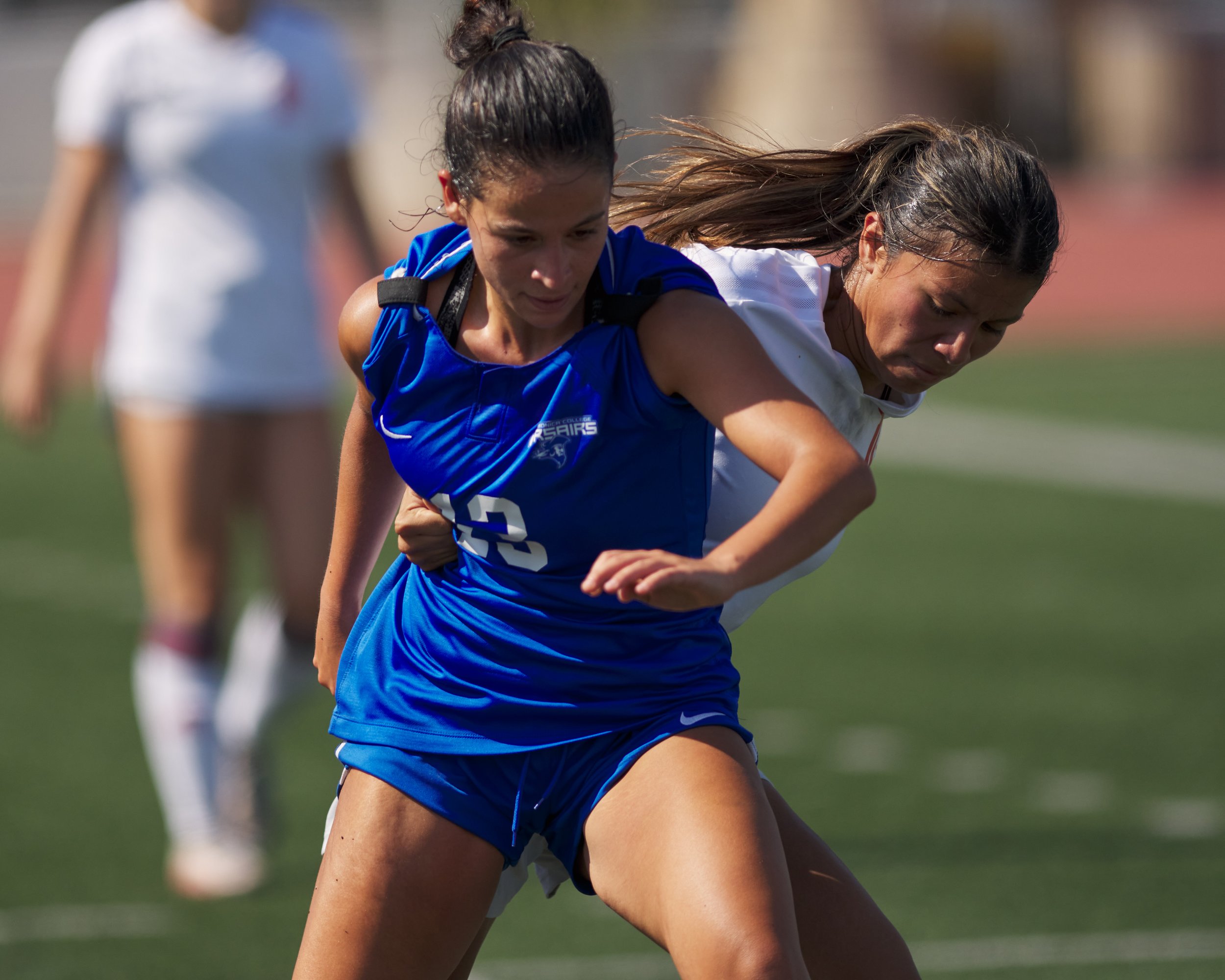  Santa Monica College Corsairs' Lia Agapitos and Long Beach City College Vikings' Genesis Lopez during the women's soccer match on Friday, Sept. 15, 2023, at Corsair Field in Santa Monica, Calif. The Corsairs tied 0-0. (Nicholas McCall | The Corsair)