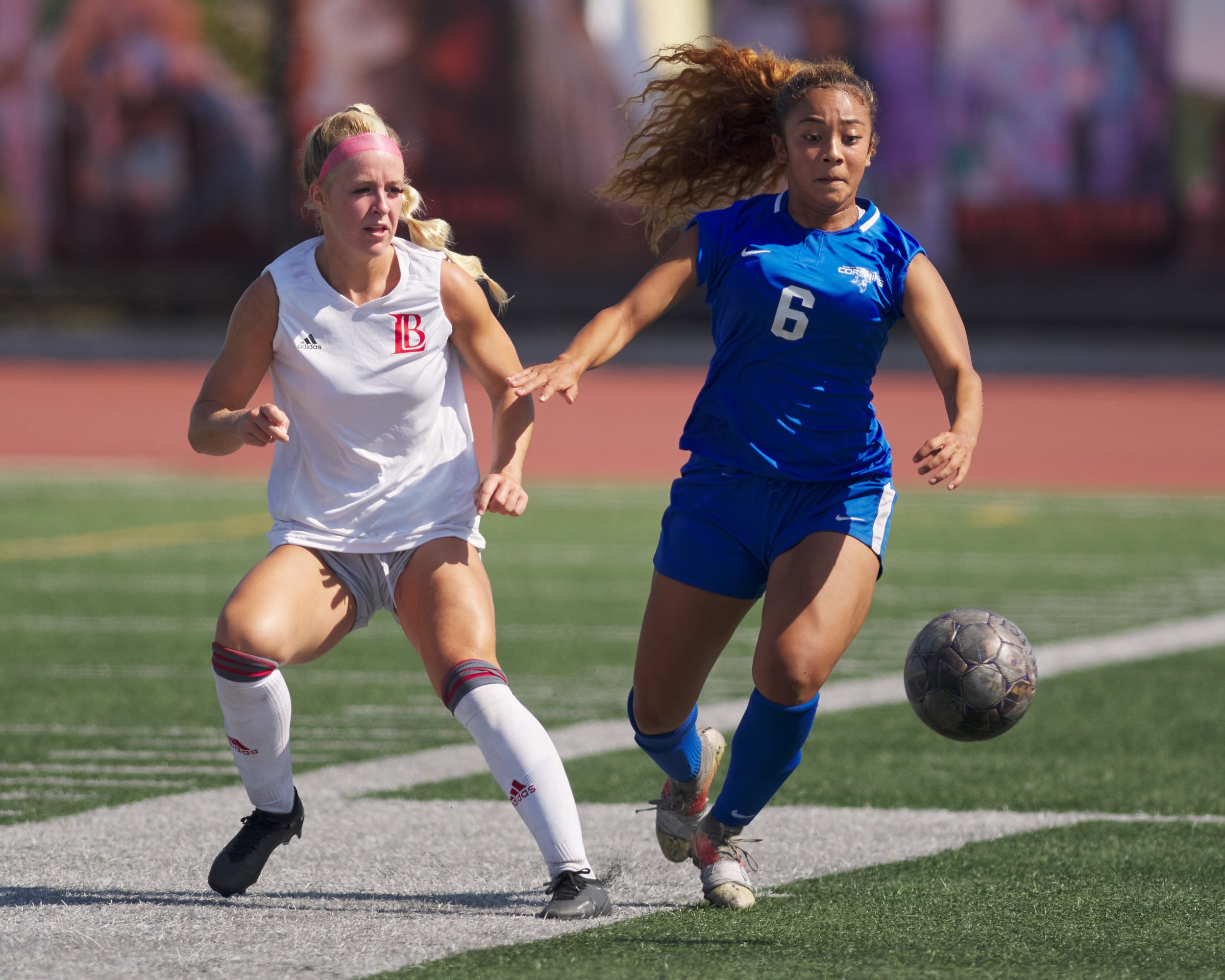  Long Beach City College Vikings' Hannah Marshall and Santa Monica College Corsairs' Tia Lucas during the women's soccer match on Friday, Sept. 15, 2023, at Corsair Field in Santa Monica, Calif. The Corsairs tied 0-0. (Nicholas McCall | The Corsair) 