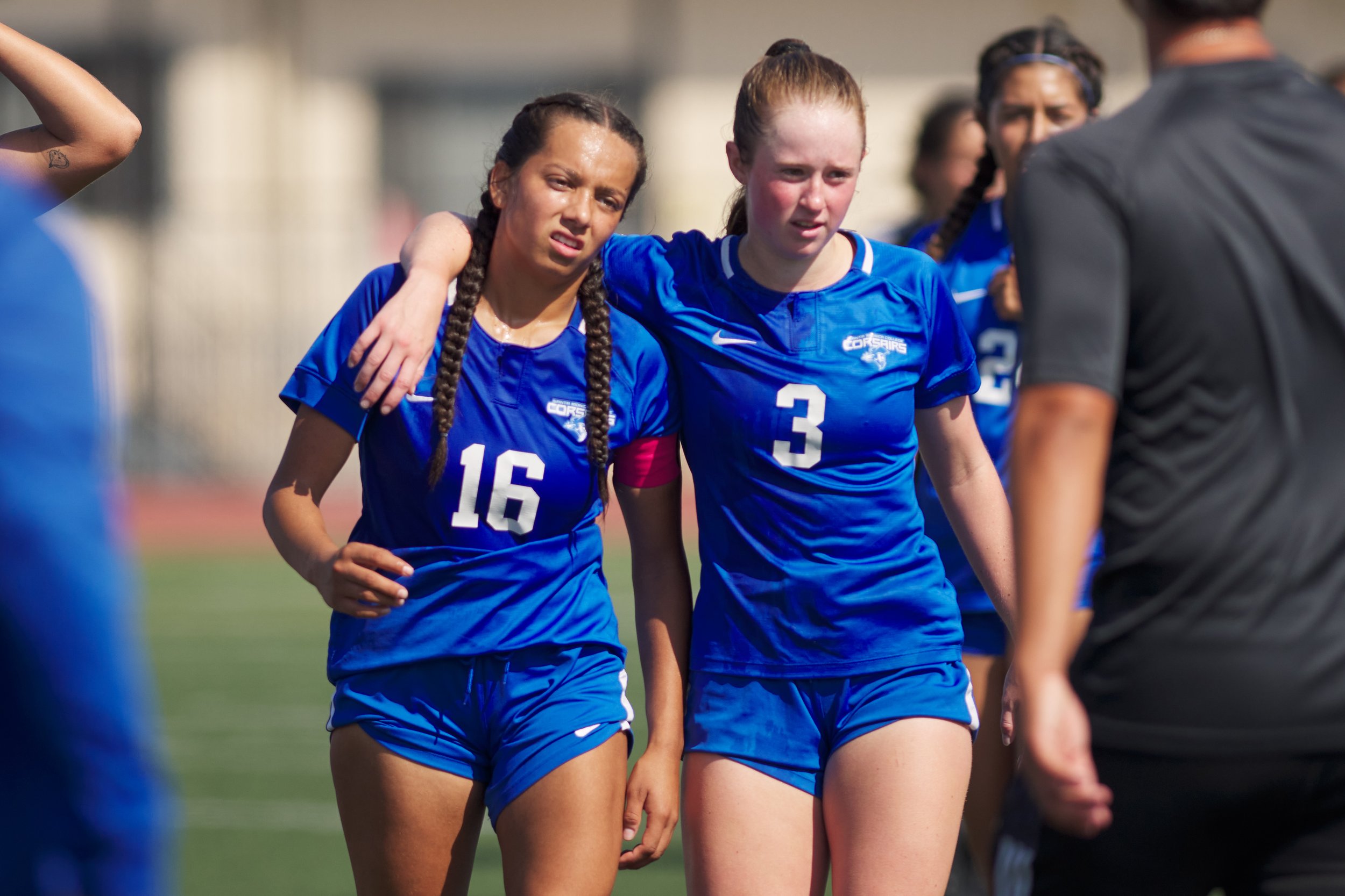  Santa Monica College Corsairs' Bella Velasco and Izzy Turner walk off the field at the conclusion of the women's soccer match against the Long Beach City College Vikings on Friday, Sept. 15, 2023, at Corsair Field in Santa Monica, Calif. The Corsair