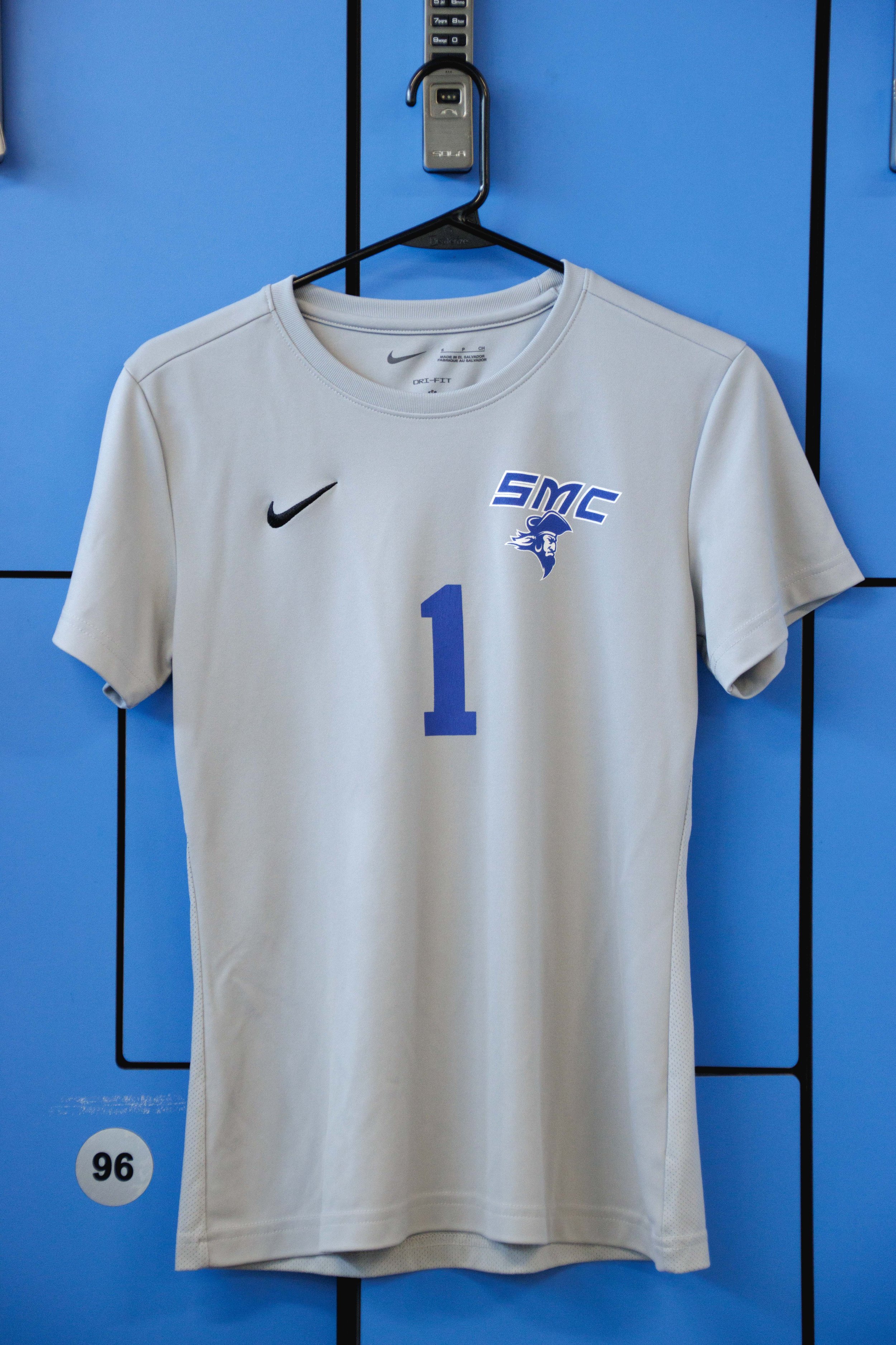 A Santa Monica College (SMC) Men's Soccer Jersey hung in the men's locker room in the Corsair Gymnasium on the SMC main campus, Santa Monica, Calif. on Sept. 07, 2023. This one in particular is for away matches. (Danniel Sumarkho | The Corsair) 
