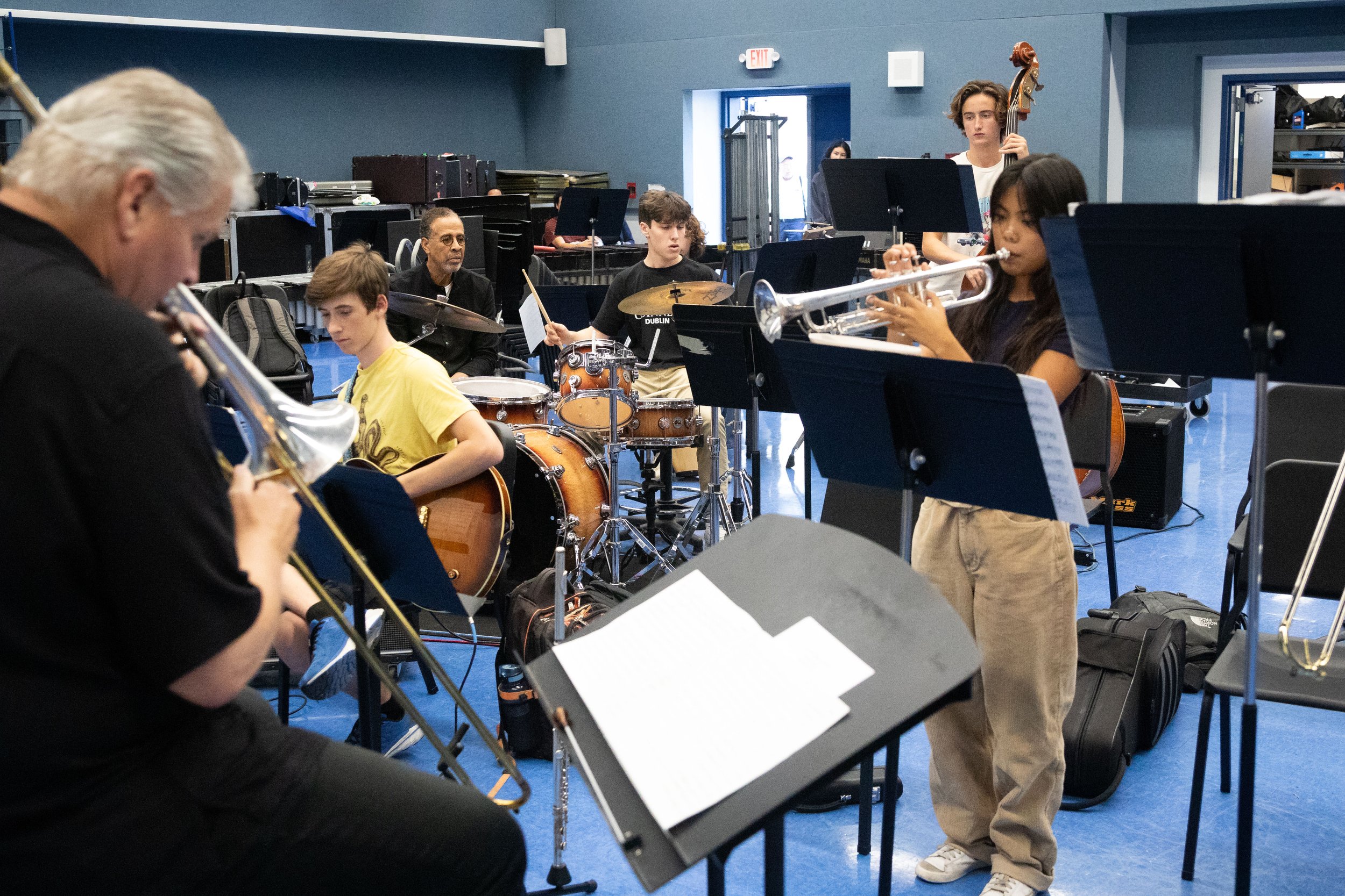  BroadStage artist in resident Stanley Clarke (center left) helping students in the jazz combo at Santa Monica High School improve in Santa Monica, Calif., on Monday, Sept. 18, 2023. Clarke played bass for the album the song is on, and he also played