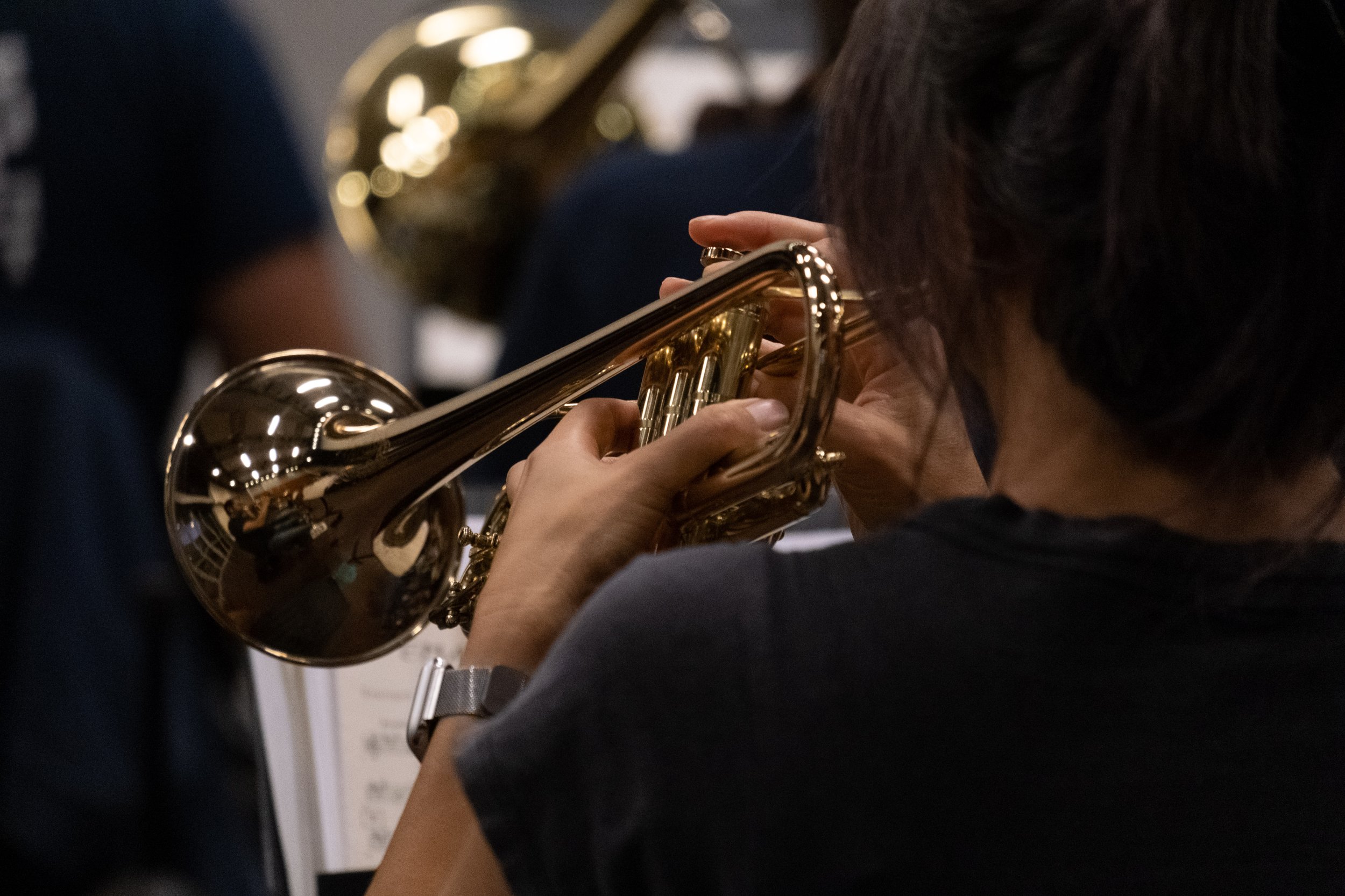  A closeup of a trumpet during rehearsal with the Santa Monica College (SMC) Jazz Ensemble on Monday, Sept. 18th, 2023 at the SMC Performing Arts Complex in Santa Monica, Calif. (Akemi Rico | The Corsair) 