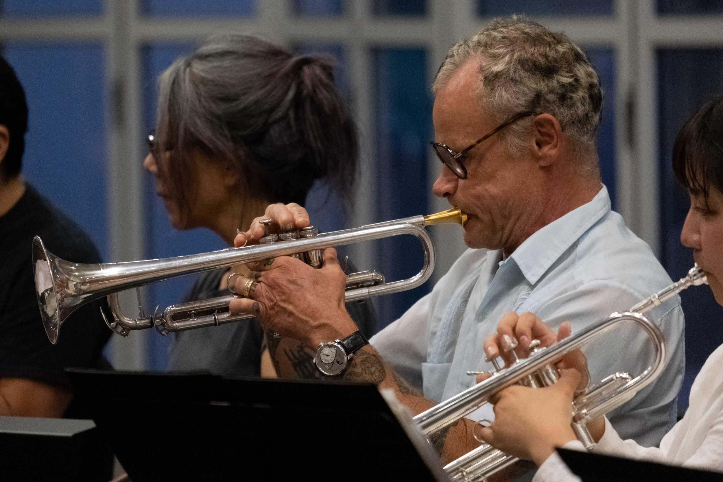  The musician profesionally known as Flea, founding member of the Red Hot Chili Peppers, playing trumpet with the Santa Monica (SMC) Jazz Ensemble during rehearsal on Monday, Sept. 18th, 2023 at the SMC Performing Arts Complex in Santa Monica, Calif.