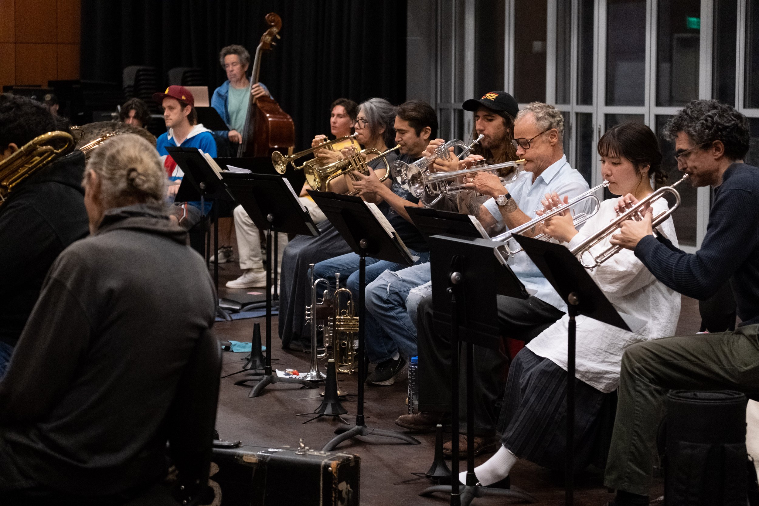  The trumpet section of the Santa Monica College (SMC) Jazz Ensemble includes founding member of the rock band Red Hot Chili Peppers, seated third from the right as they rehearse on Monday, Sept. 18th, 2023 at the SMC Performing Arts Complex in Santa
