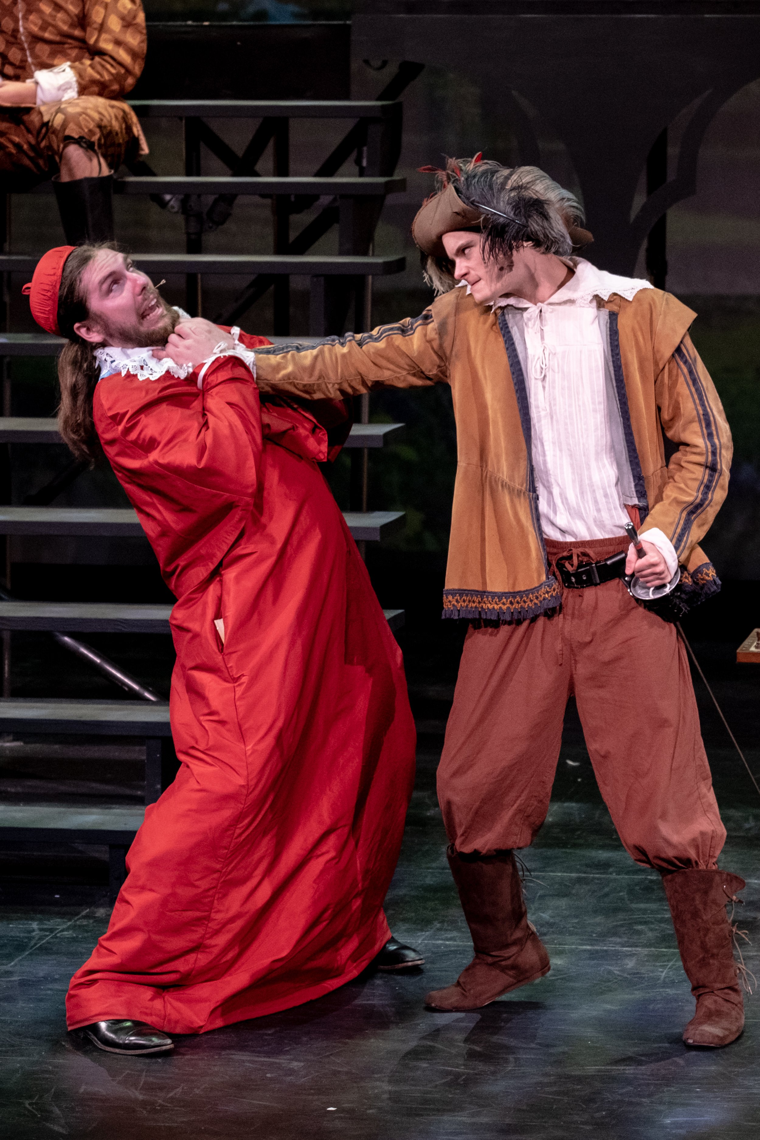  Zachary Howard (R) chokes Jack Lindermin (L) on stage at the Santa Monica College Theater Department Main Stage on the Main Campus in Santa Monica, Calif. during the opening weekend of Ken Ludwig's The Three Musketeers on Thursday Oct. 28th, 2023. 