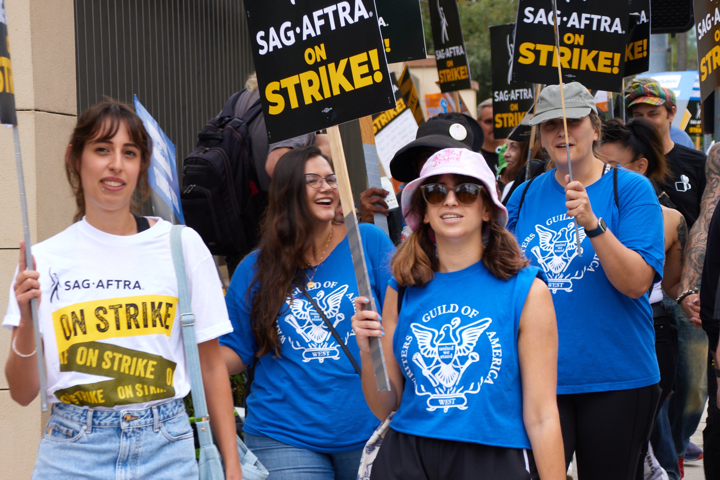  Writers from Writers Guild of America (WGA) marches alongside SAG-AFTRA members in solidarity in front of the Warner Bros. Studio, Burbank, Calif., on Sept 29, 2023. While WGA had struck a deal with the studios already earlier in the week, its membe