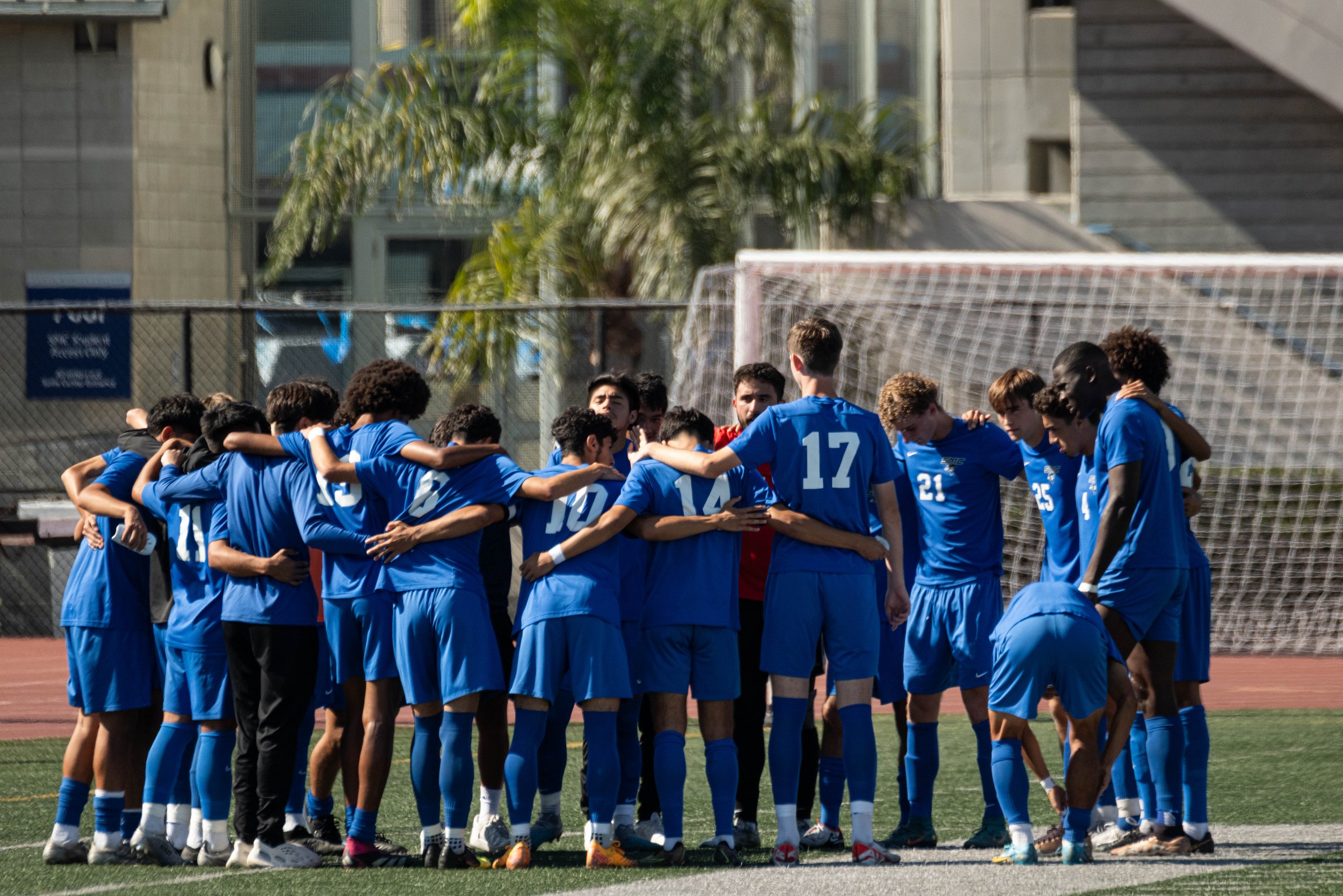  Santa Monica College Corsairs Men's Soccer squad huddling before the start of the match were they faced off the Renegades from Bakersfield College on Tues, Oct. 3. Corsairs would go and shutout the Renegades with a score of 3-0 at Corsair Field in S