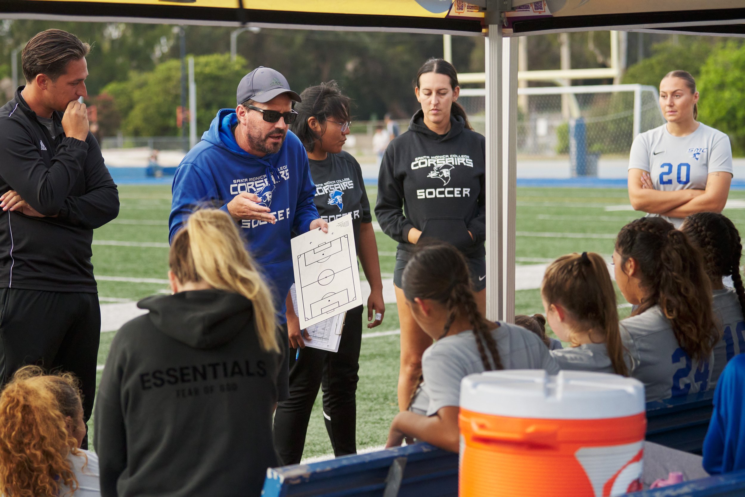  Santa Monica College Corsairs' Women's Soccer Head Coach Aaron Benditson talks to the team during intermission at the women's soccer match against the West Los Angeles College Wildcats on Friday, Sept. 29, 2023, at Wildcat Stadium in Los Angeles, Ca