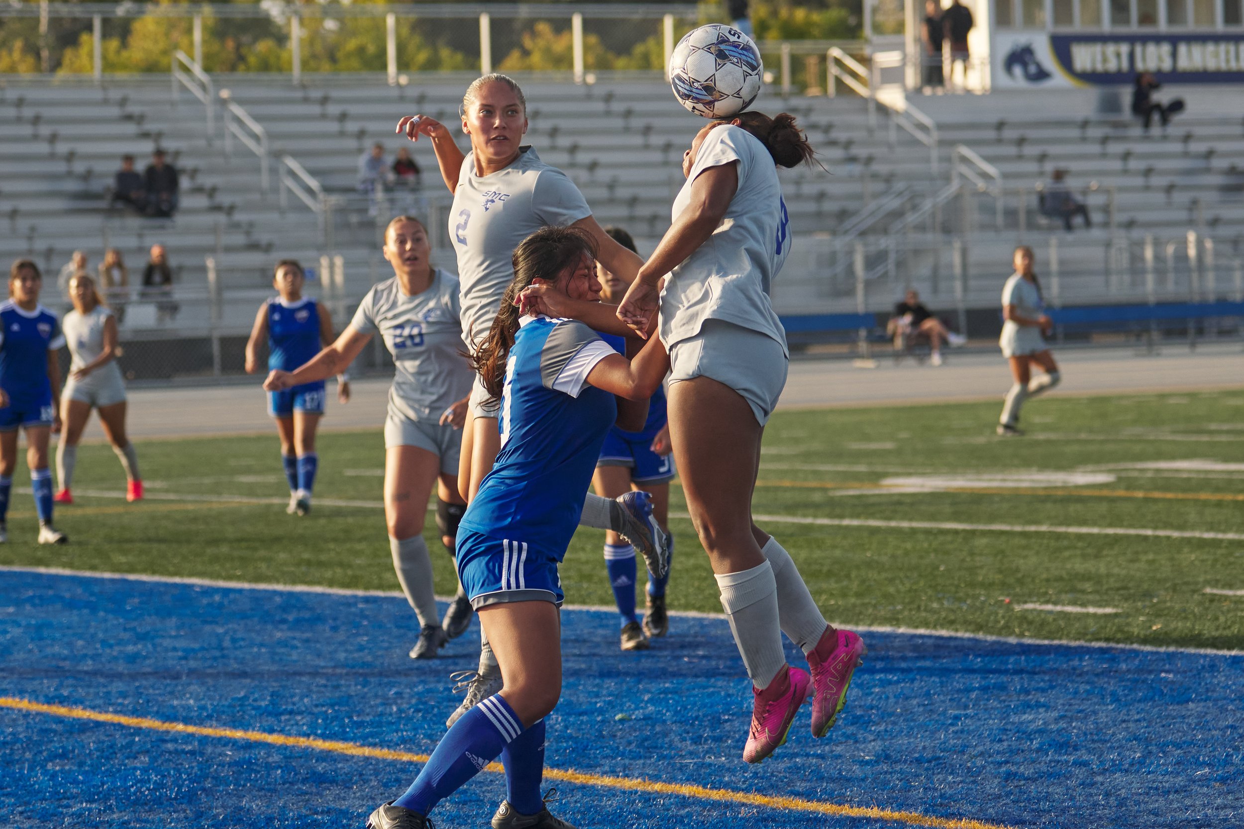  Santa Monica College Corsairs' Alanis Rodriguez (2) jumps alongside Amarah Martinez (right), who head-butts the ball, during the women's soccer match against the West Los Angeles College Wildcats on Friday, Sept. 29, 2023, at Wildcat Stadium in Los 