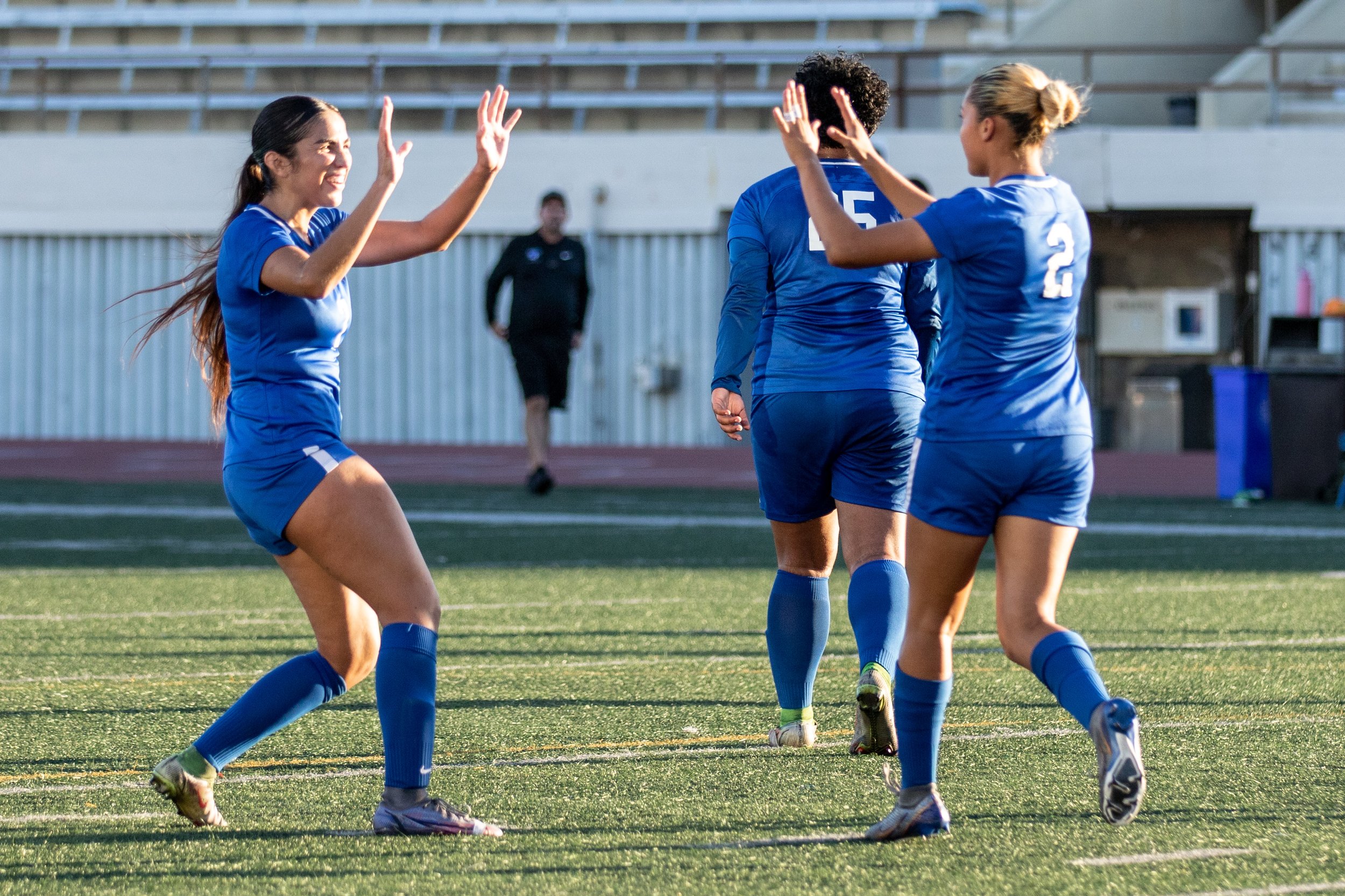  Santa Monica College Corsairs' Jessica Narez (left) congratulates Alanis Rofriguez (right) after scoring a goal during the women's soccer match on Friday, Oct. 6, 2023 at Corsair Field in Santa Monica, Calif. The Corsairs won, 4-1. (Akemi Rico | The