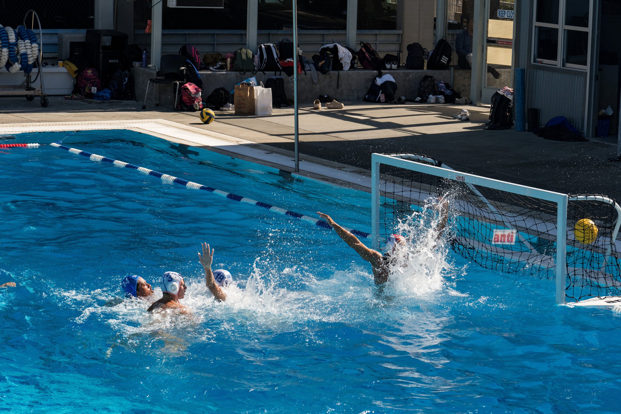  Santa Monica College (SMC) men's water polo player Marco Ruiz (14) scores a goal against the Citrus College Owls in the 4th quarter at the SMC Water Polo Conference on Thursday October 5th, 2023 in Santa Monica, Calif. The final score was 15-6, with