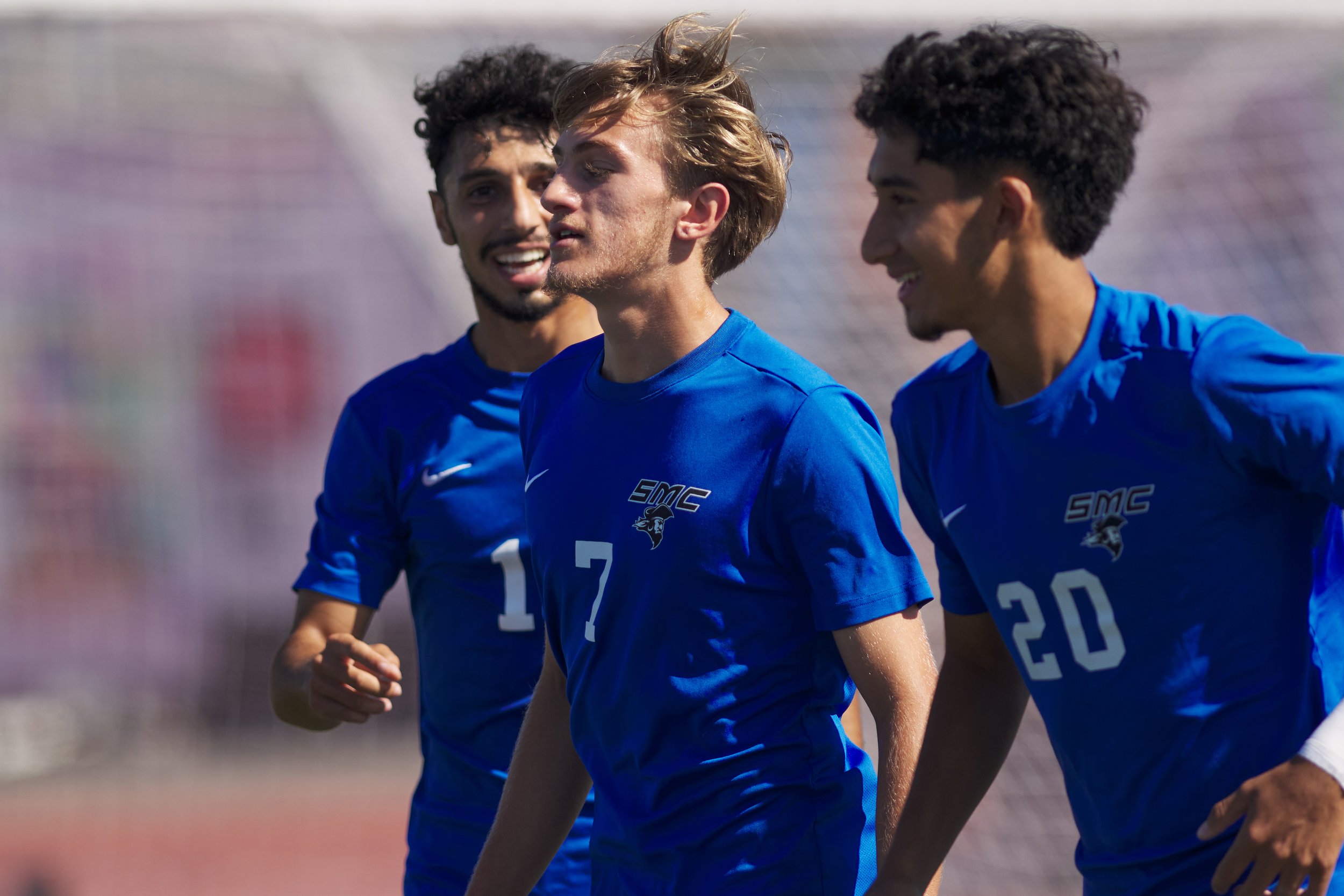  Santa Monica College Corsairs' Roey Kivity, Darren Lewis, and Alex Hernandez celebrate after Lewis' goal during the men's soccer match against the Santa Barbara City College Vaqueros on Wednesday, Oct. 11, 2023, at Corsair Field in Santa Monica, Cal