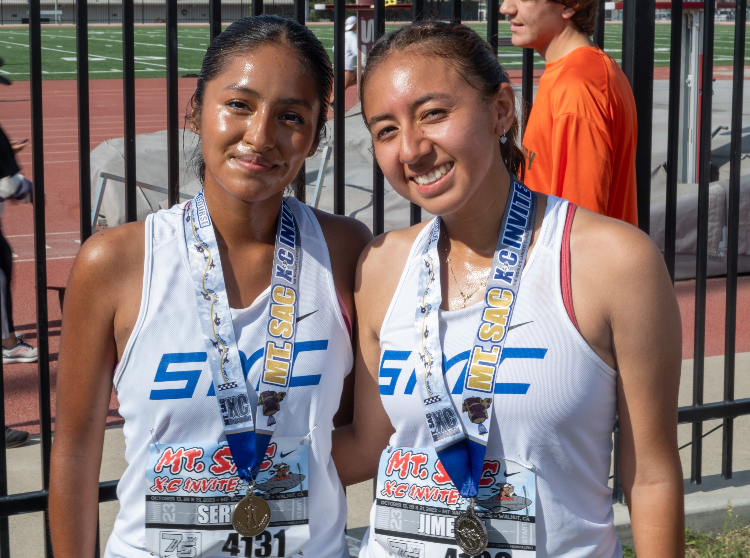  Lisa Servin(L) and Sarahi Jimenez(R) with their medals at the end of the MT. SAC Cross Country Invitational on Friday, Oct 13 at MT. SAC in Walnut, Calif. (Danilo Perez | The Corsair) 