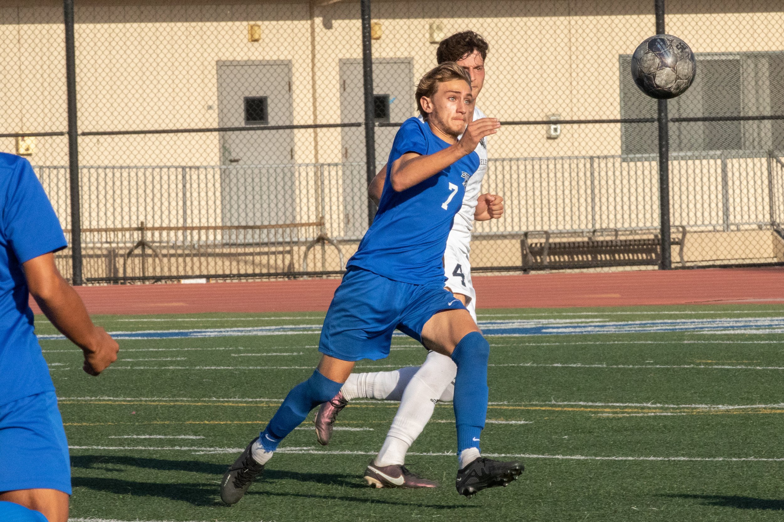  Santa Monica Corsairs' forward Darren Lewis (7) runs after the ball, followed closely by Eagle defender Brandon Navarrete (4) on Friday, Oct. 13, 2023 at Corsair Field in Santa Monica, Calif. Los Angeles during the men's soccer match against the Los