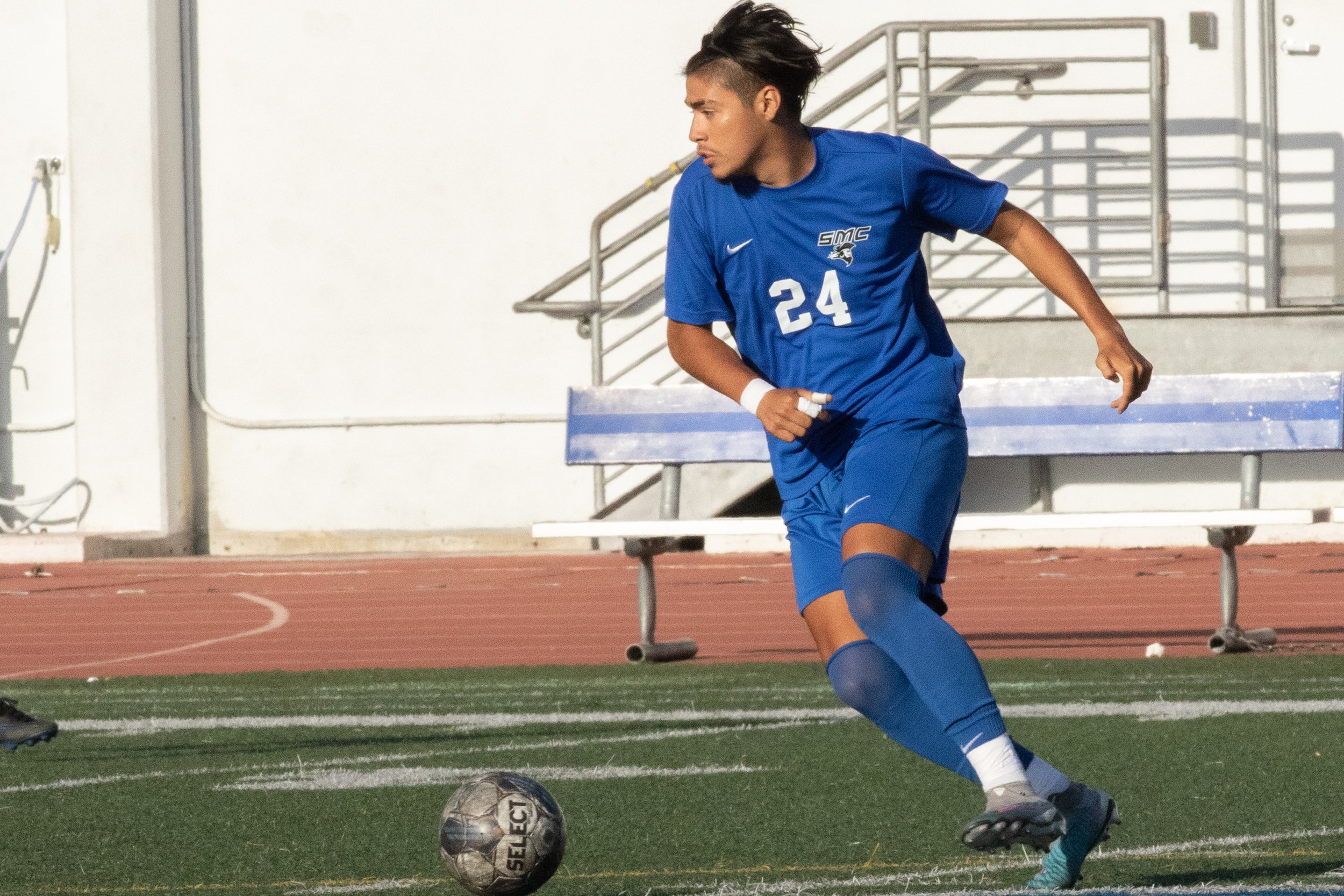  Santa Monica Corsairs' forward Milton De Oliveira (24) runs after the ball on Friday, Oct. 13, 2023 at Corsair Field in Santa Monica, Calif. Los Angeles during the men's soccer match against the Los Angeles Mission College Eagles. The Corsairs won, 