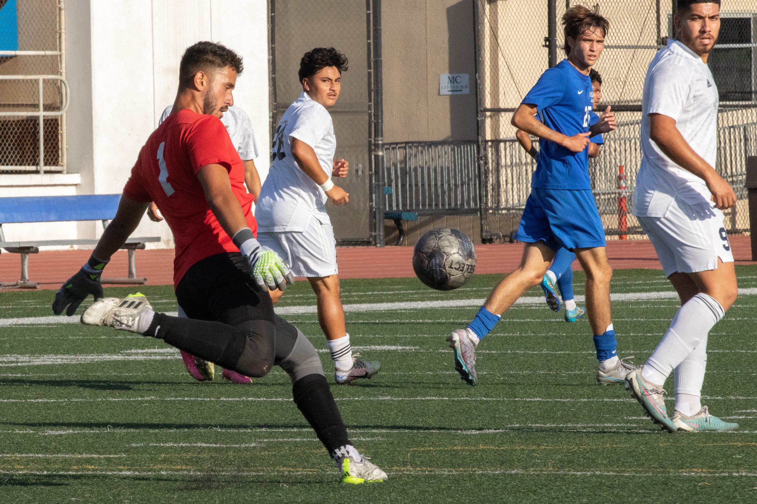  Santa Monica Corsairs' goalie Joshua Guillen (1) kicks the ball on Friday, Oct. 13, 2023 at Corsair Field in Santa Monica, Calif. Los Angeles during the men's soccer match against the Los Angeles Mission College Eagles. The Corsairs won, 2-1. (Akemi