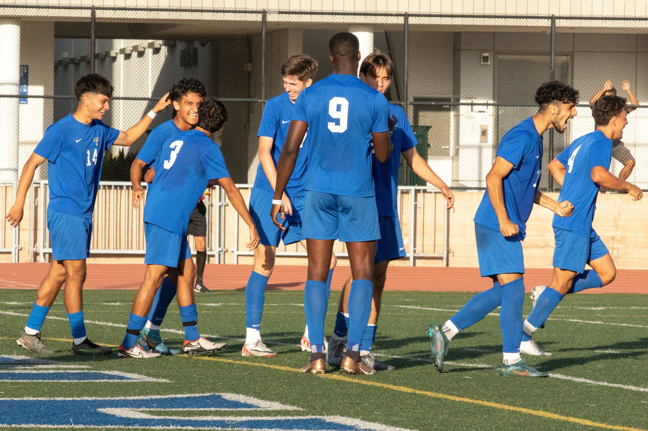  Santa Monica Corsairs' celebrate after forward Philip Hephzibah (9) scored a goal during the men's soccer match against the Los Angeles Mission College Eagles on Friday, Oct. 13, 2023 at Corsair Field in Santa Monica, Calif. Los Angeles. The Corsair