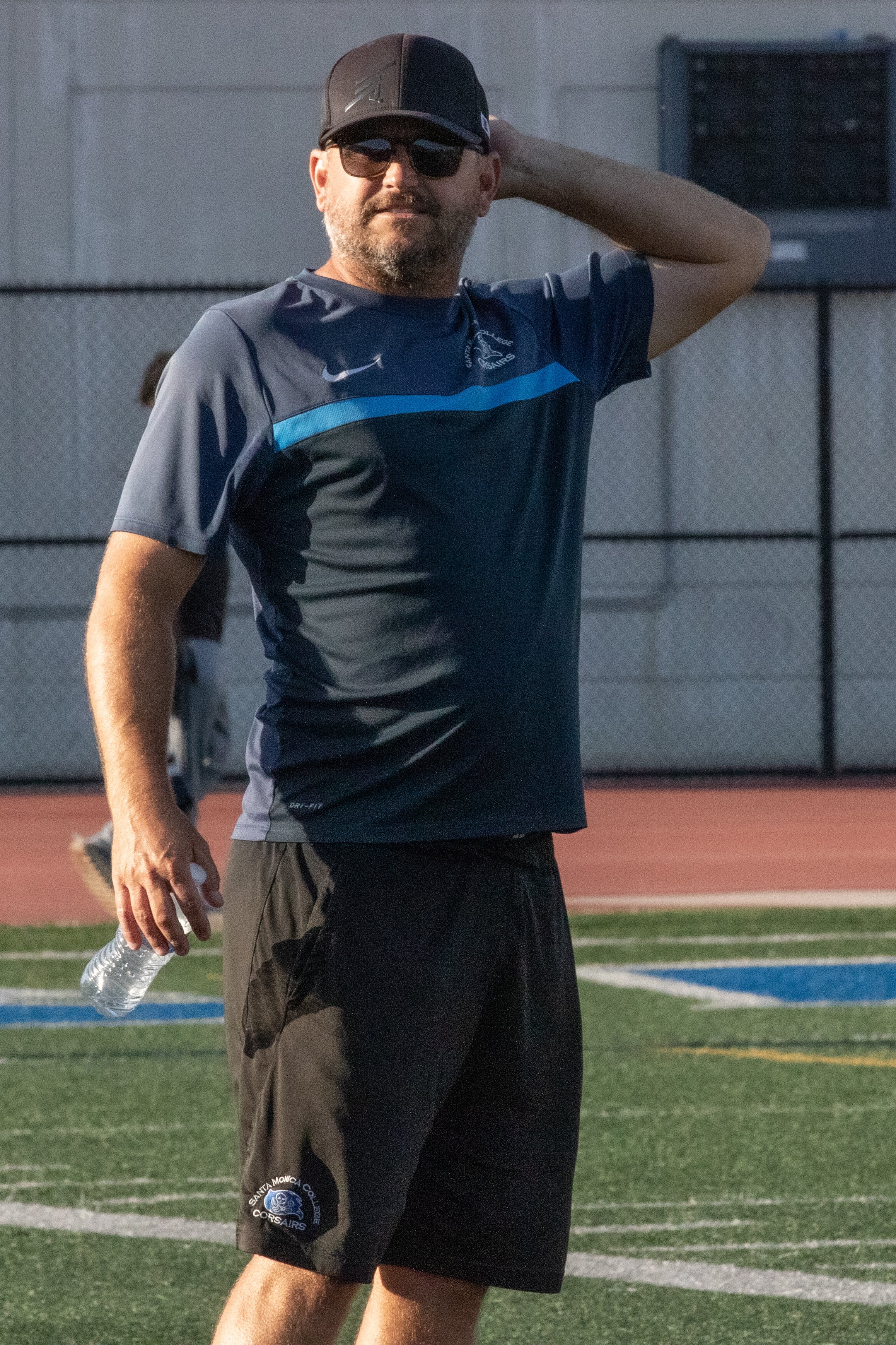  Men's soccer coach Aaron Benditson on the sidelines on Friday, Oct. 13, 2023 at Corsair Field in Santa Monica, Calif. Los Angeles during the men's soccer match against the Los Angeles Mission College Eagles. The Corsairs won, 2-1. (Akemi Rico | The 