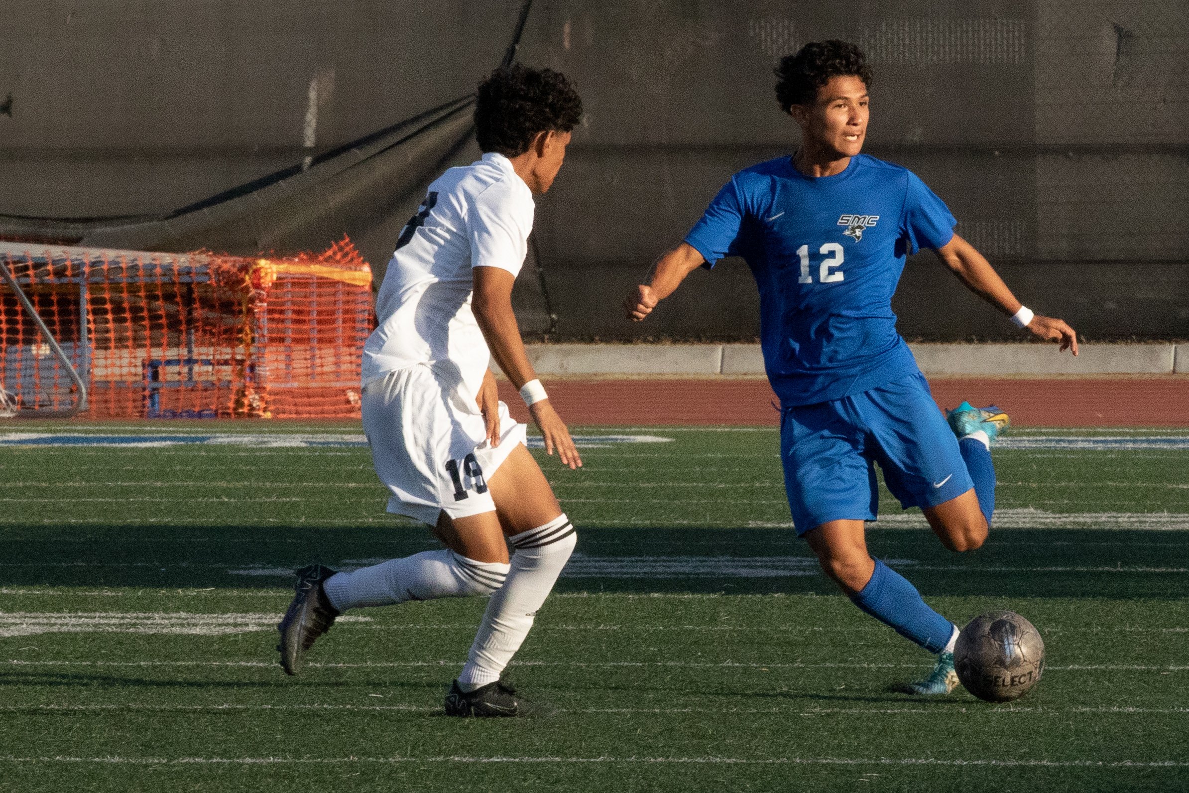  Santa Monica Corsairs' forward Jason Moreno (12) with Eagle right striker Justin Martinez (19) on Friday, Oct. 13, 2023 at Corsair Field in Santa Monica, Calif. Los Angeles during the men's soccer match against the Los Angeles Mission College Eagles
